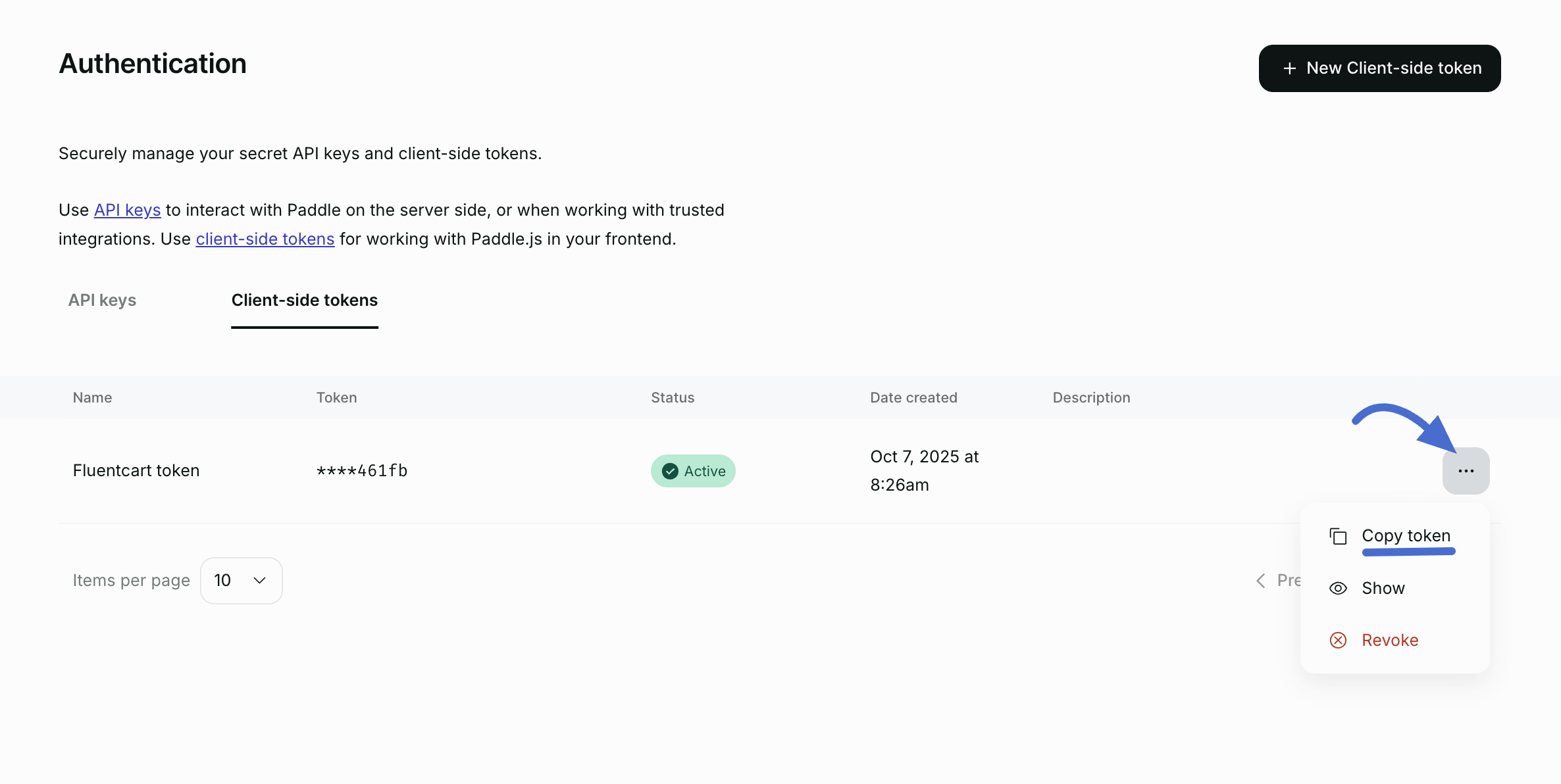 Screenshot of Copy Client Token/ Public Token