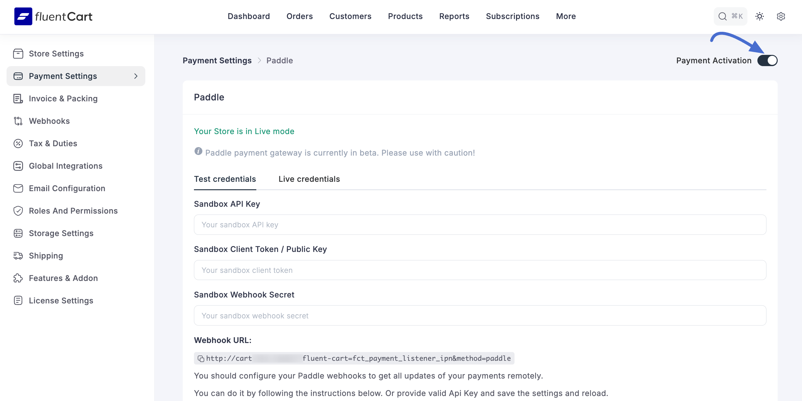 Screenshot of Payment Activation