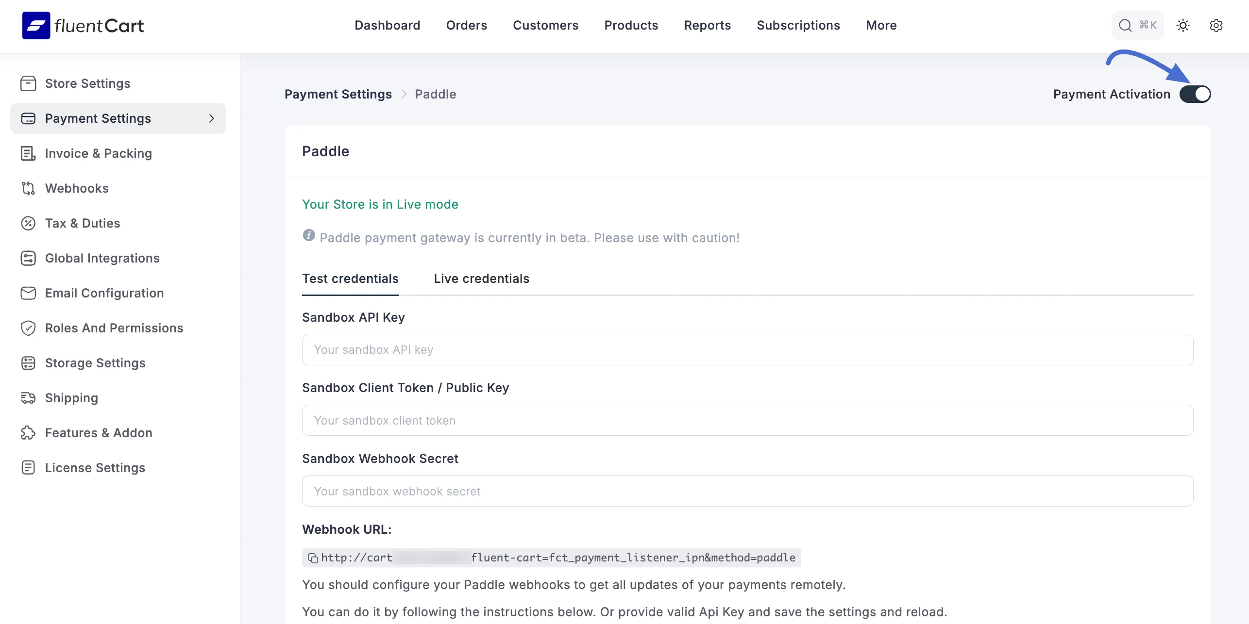 Screenshot of Payment Activation
