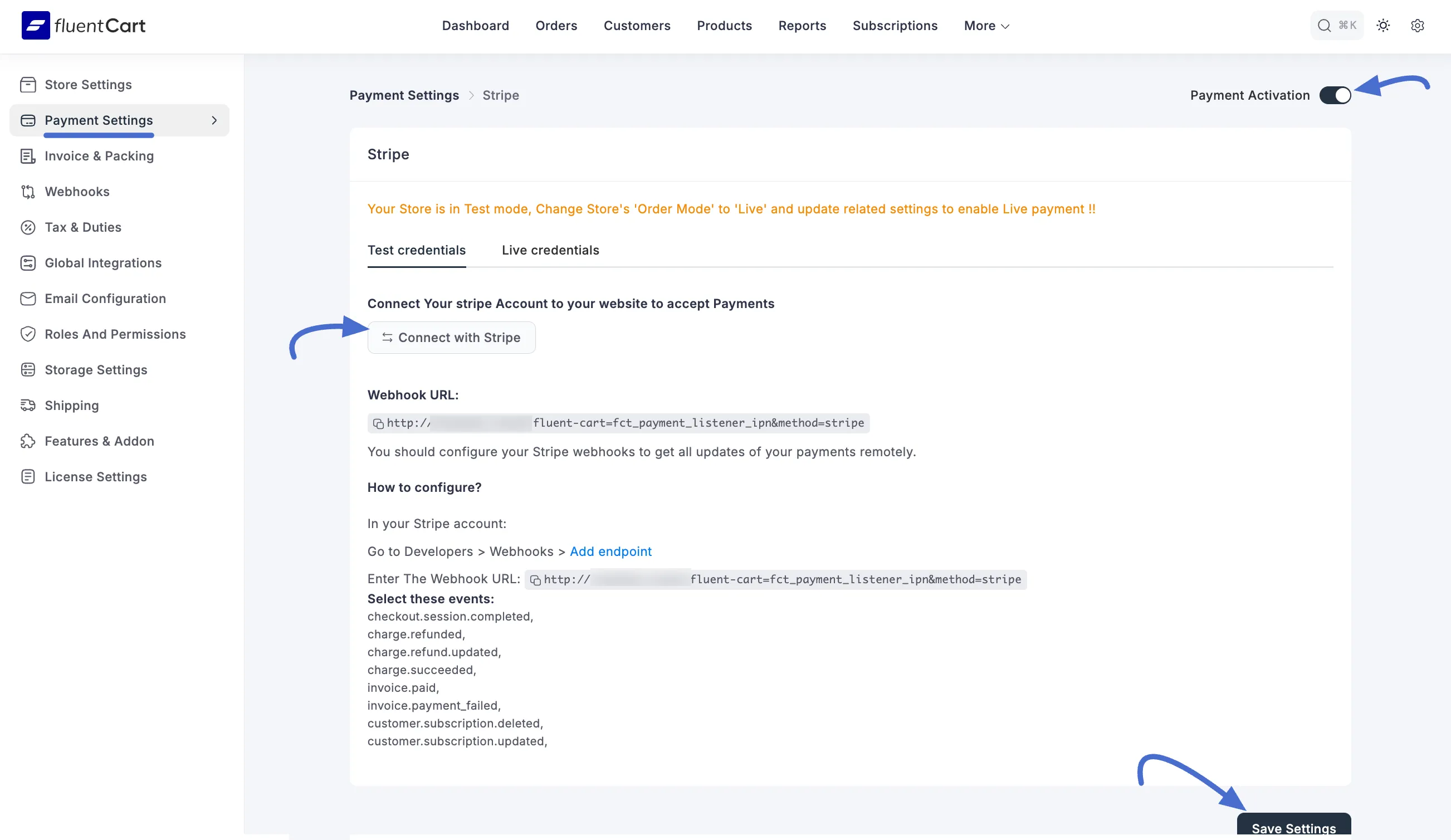 Screenshot of Stripe Settings Page