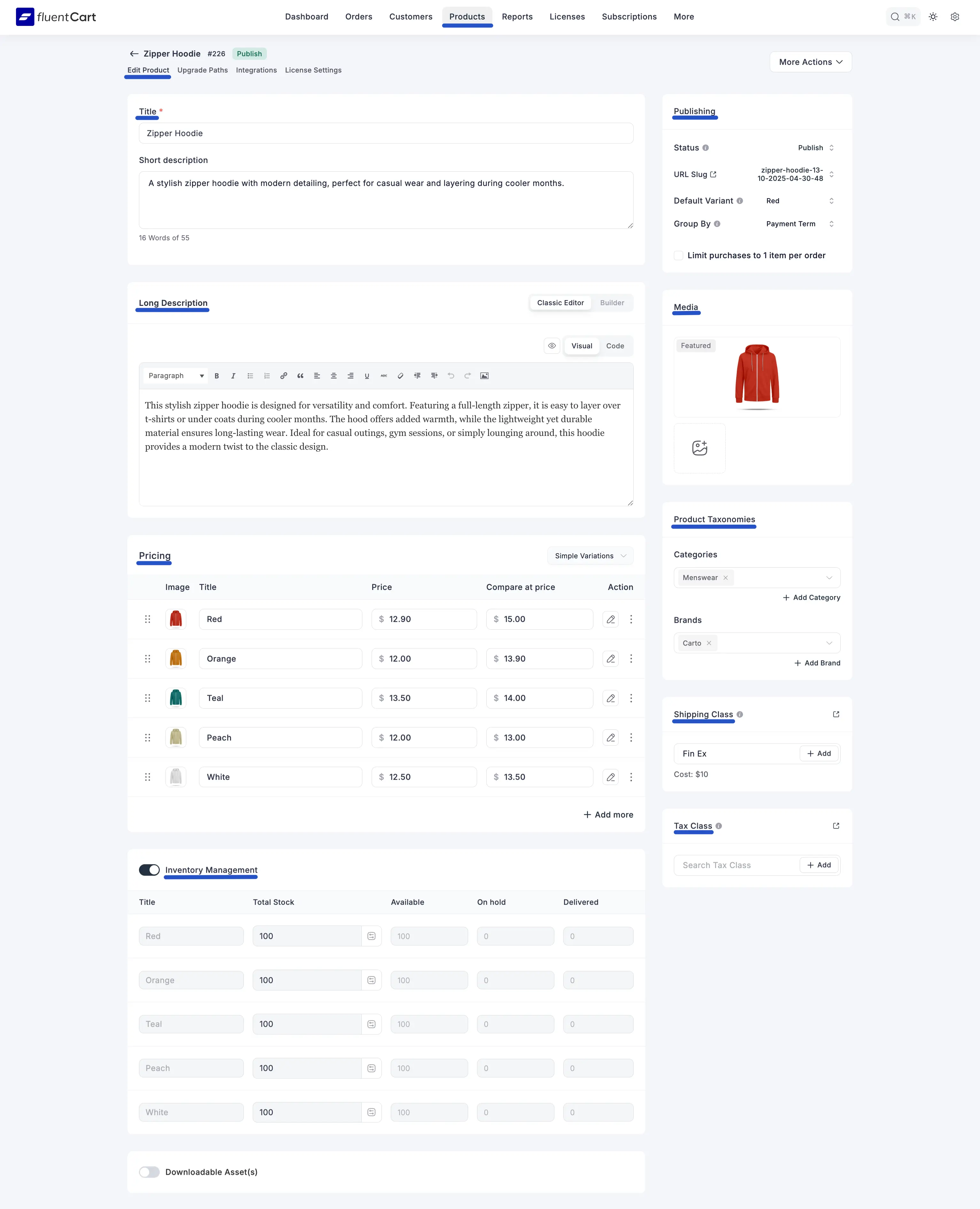 Screenshot of Product Edit Screen (Physical Product Example)