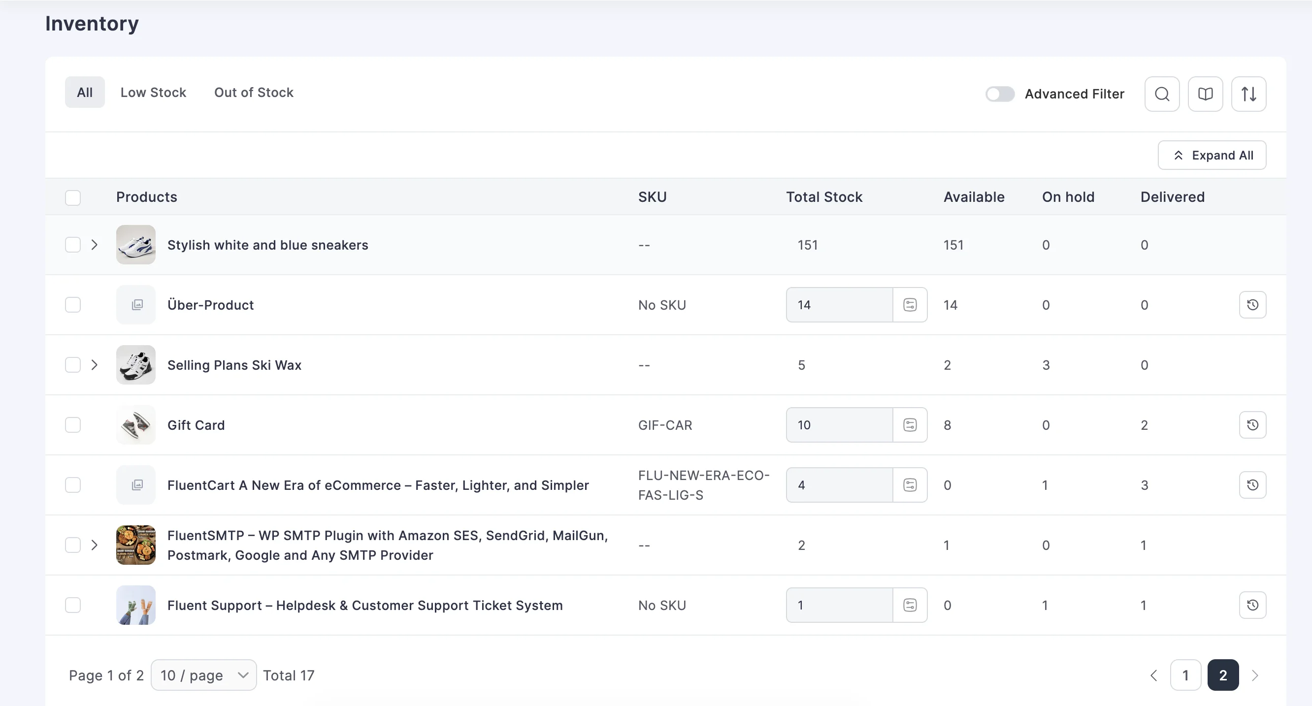 Screenshot of the Advanced Inventory list showing All / Low Stock / Out of Stock tabs, Advanced Filter toggle, Total Stock, Available, On hold, and Delivered columns across multiple products