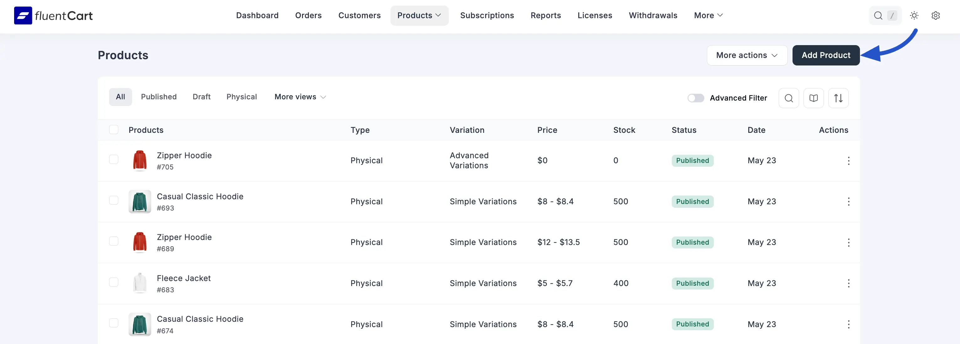 Screenshot of the Add New Product modal with the Variation Type dropdown open and Advanced Variations selected