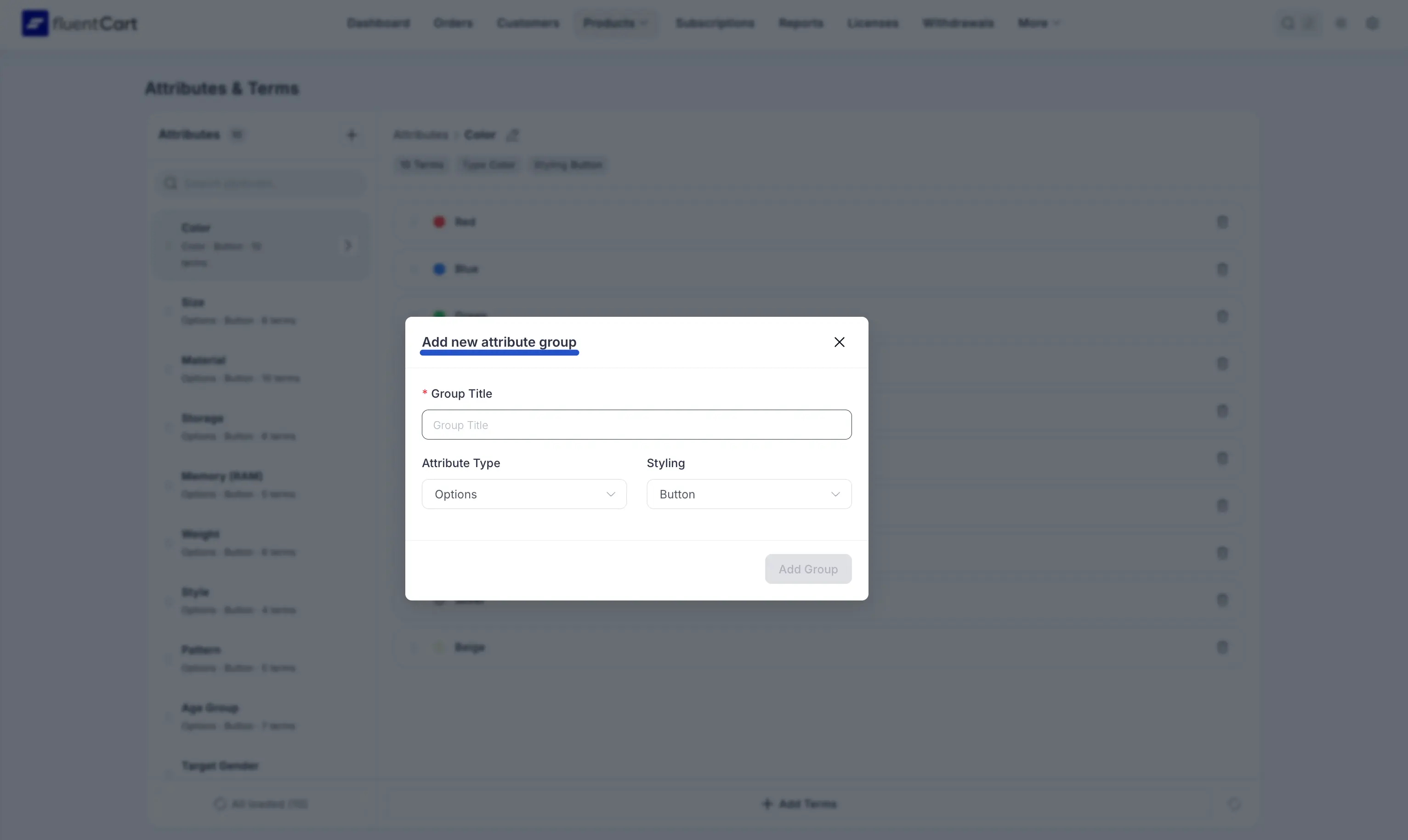 Screenshot of the Styling dropdown showing Dropdown and Button