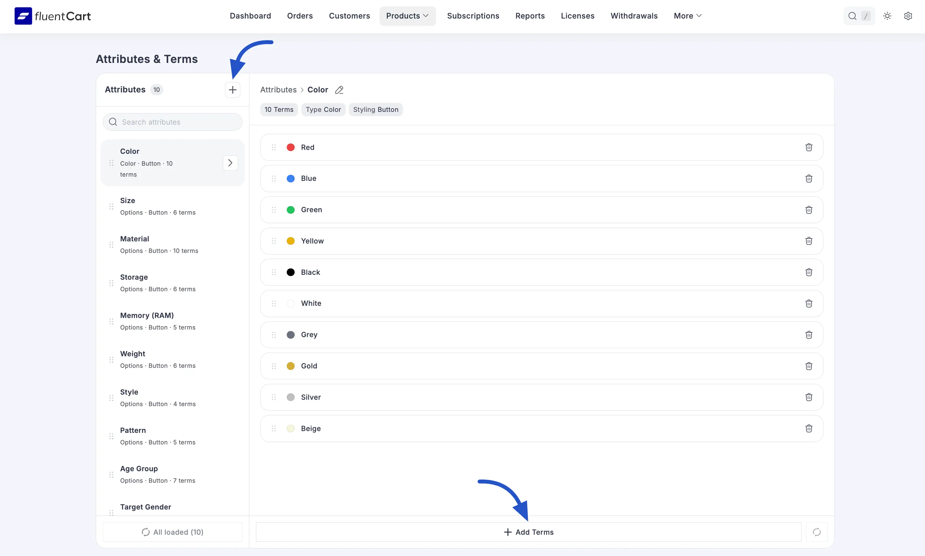 Screenshot of the Attribute Type dropdown showing Options, Color, and Image