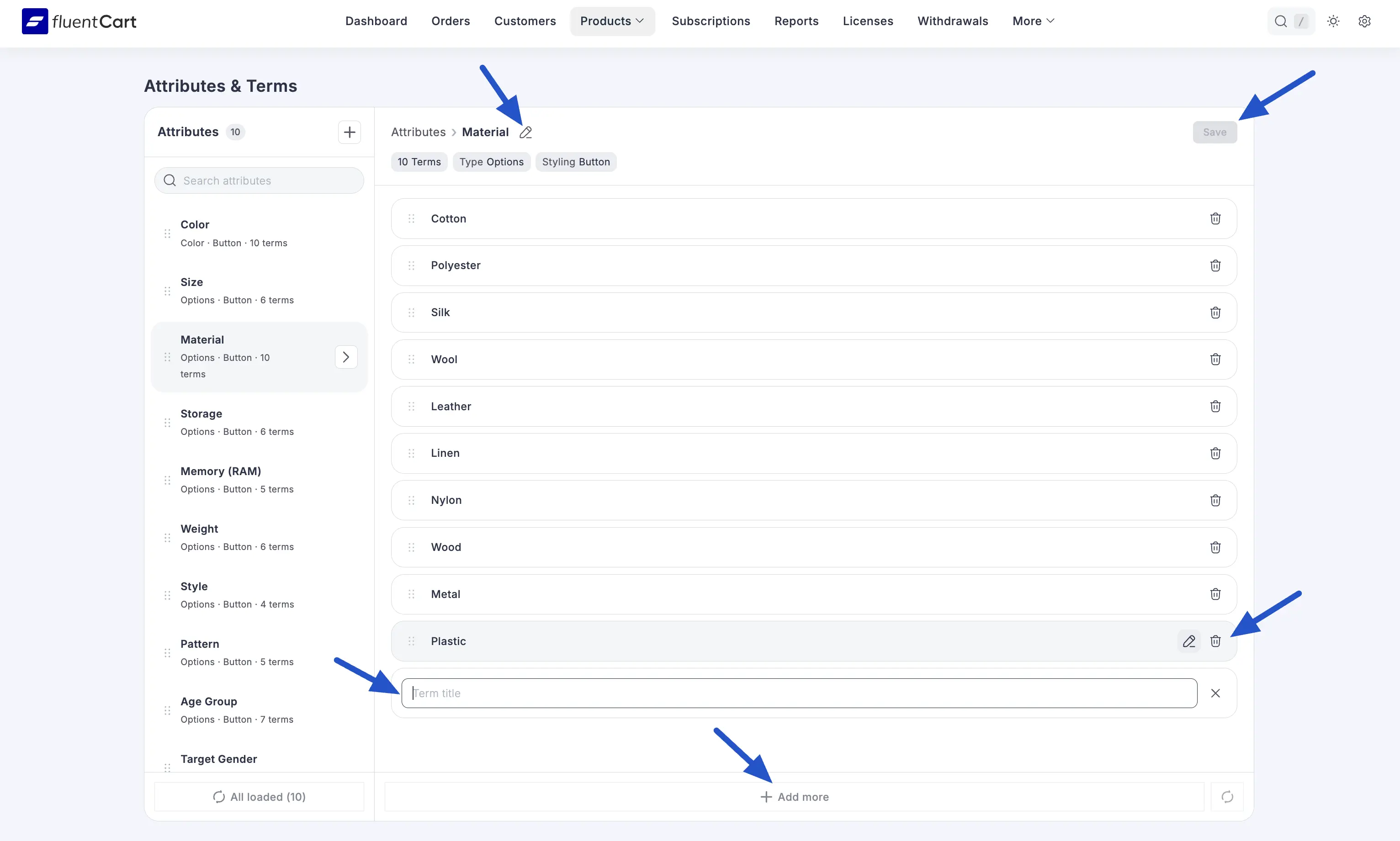 Screenshot of the Material attribute with an inline term input row and the Add more and Save controls