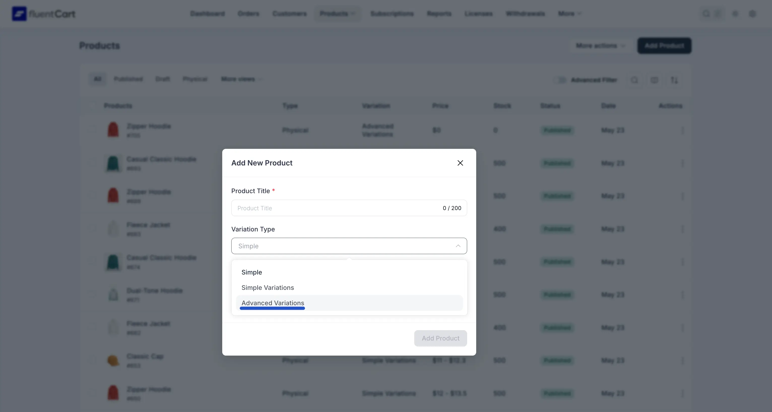 Screenshot of the Products list with the Add Product button highlighted