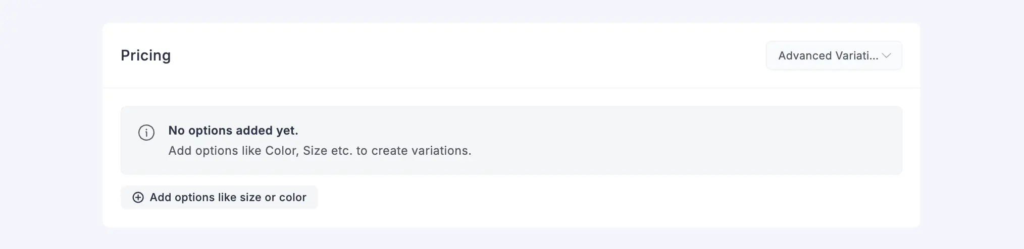 Screenshot of the Pricing panel in Advanced Variations mode showing the empty state
