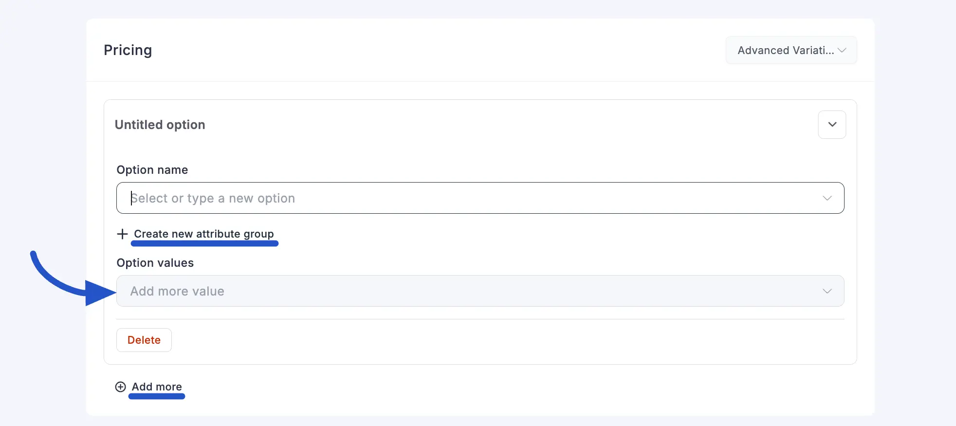 Screenshot of the option row showing the Option name field and the Create new attribute group link