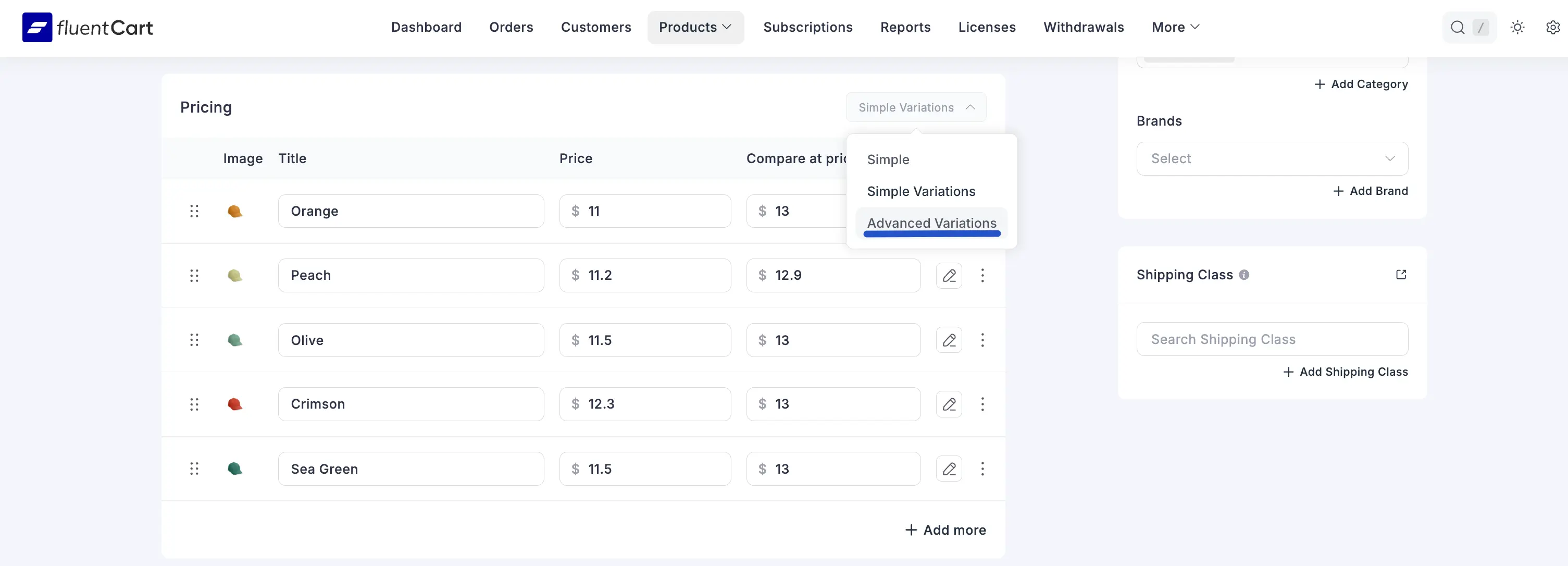 Screenshot of an existing product Pricing panel with the variation type dropdown open and Advanced Variations highlighted