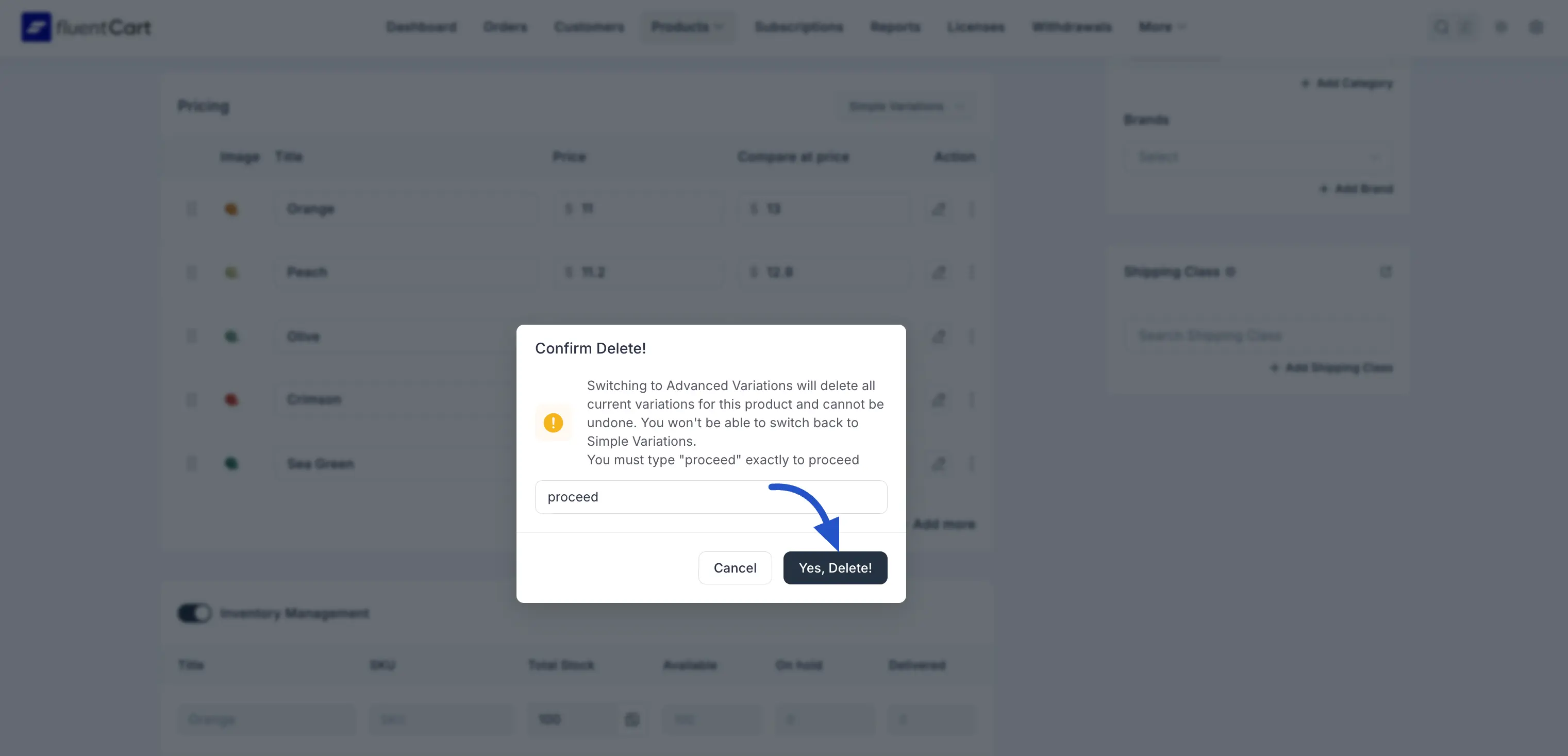 Screenshot of the Confirm Delete dialog with proceed typed in the field and the Yes, Delete button