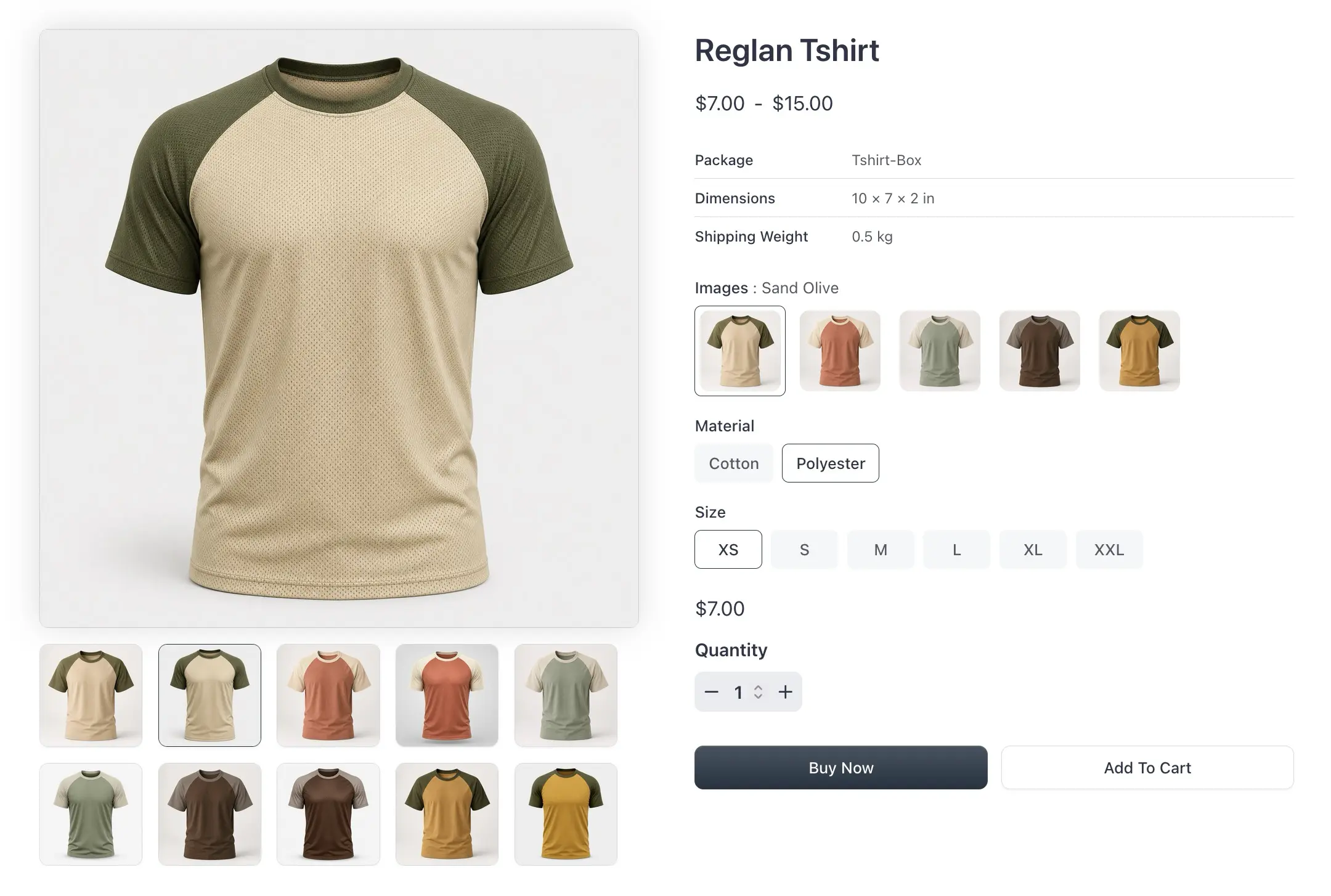 Screenshot of a storefront product page showing Images, Material, and Size attribute selectors for a Reglan Tshirt