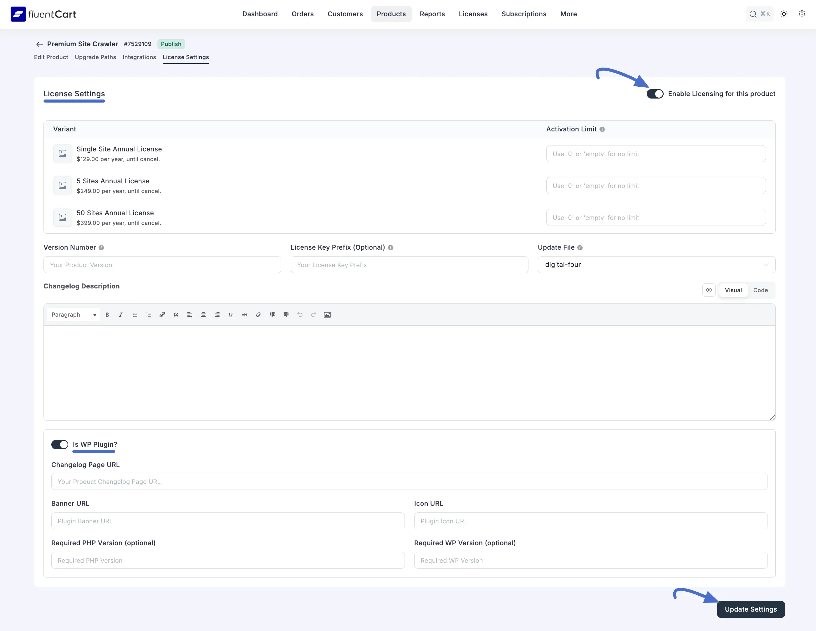 Screenshot of Product License Settings Tab