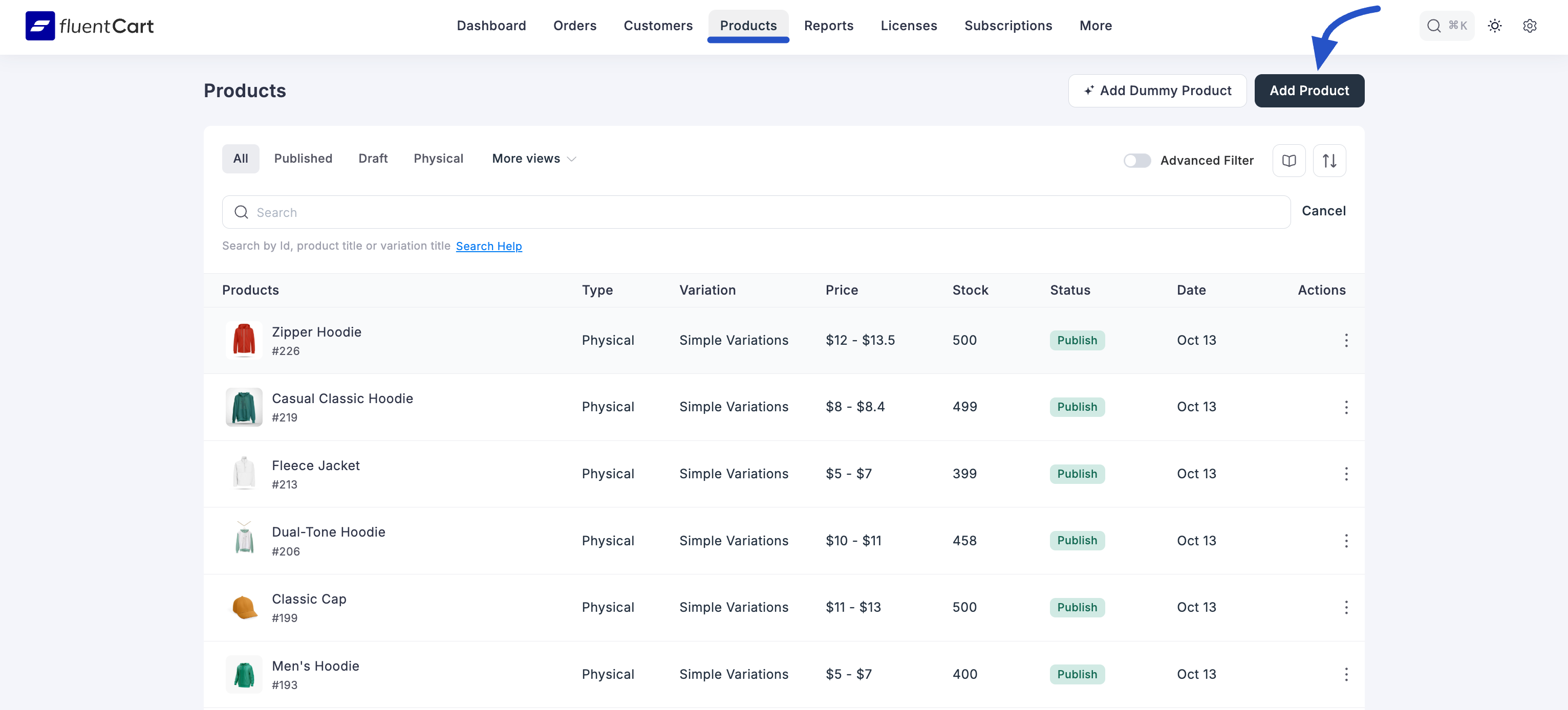 Screenshot of Add Product Button