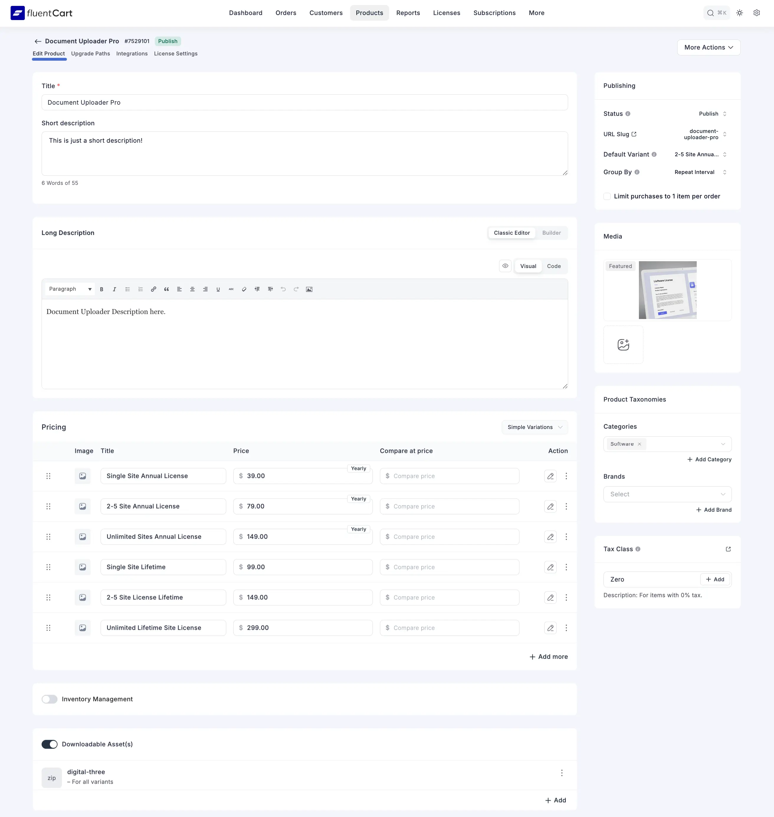 Screenshot of Product Edit Screen (Digital Product Example)