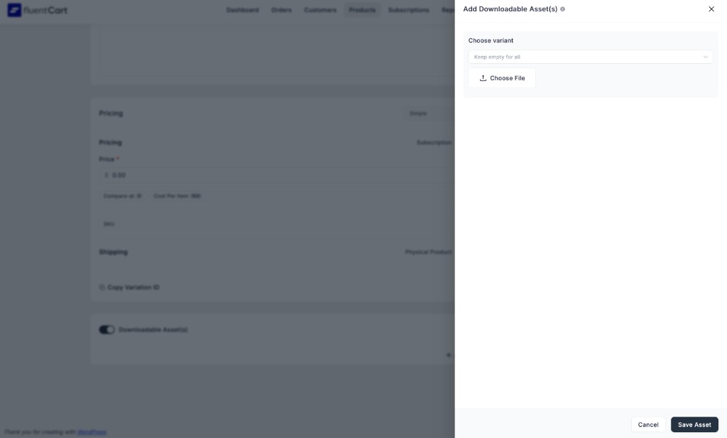 Screenshot of the Add Downloadable Asset(s) modal