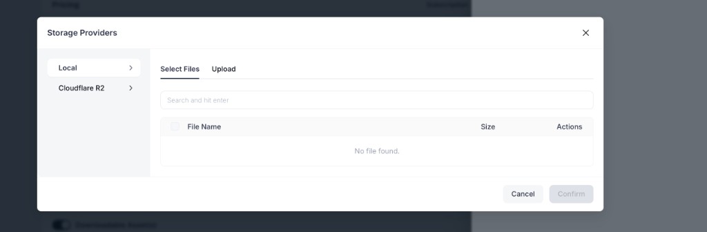 Screenshot of the Storage Providers modal showing the Select Files tab