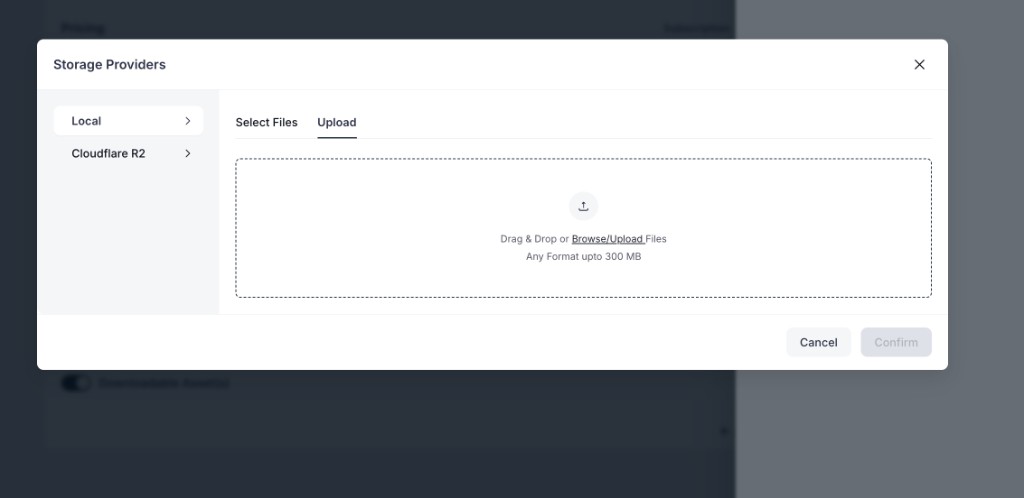 Screenshot of the Storage Providers modal showing the Upload tab
