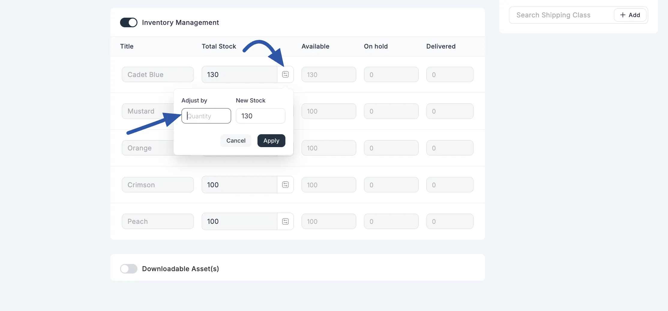 Screenshot of Adjust Stock Section