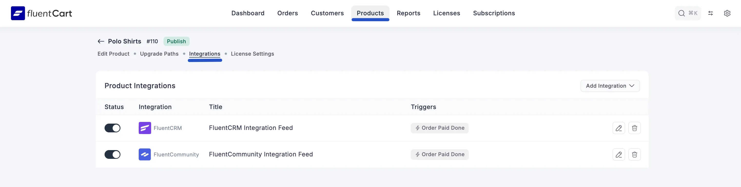 Screenshot of Product Integrations Tab