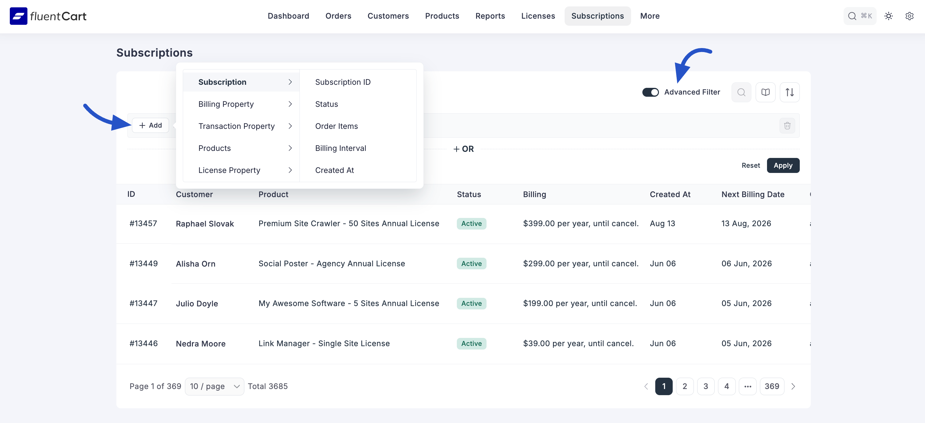 Managing Subscription Advance Filter