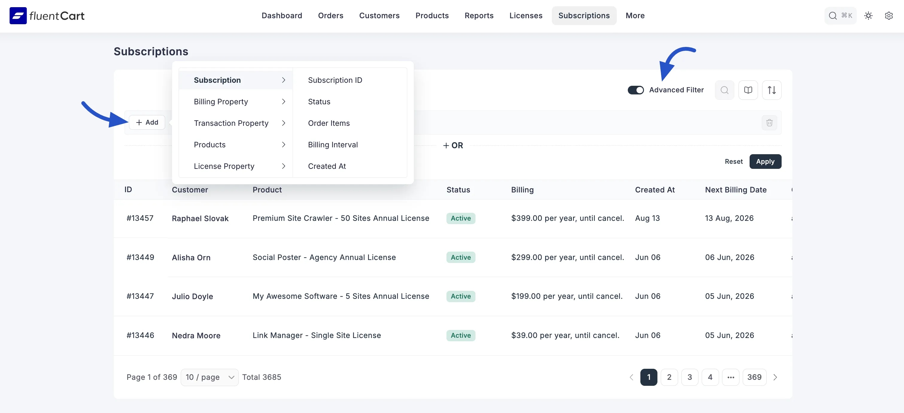 Managing Subscription Advance Filter