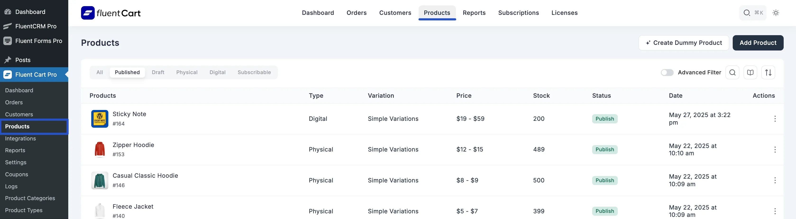 Screenshot of Products List Page