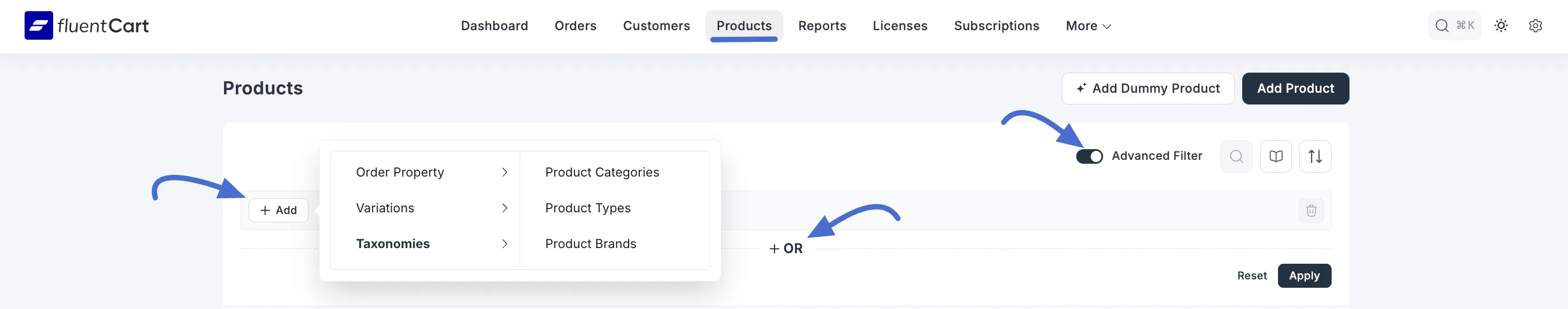 Screenshot of Product Advanced Filter Button