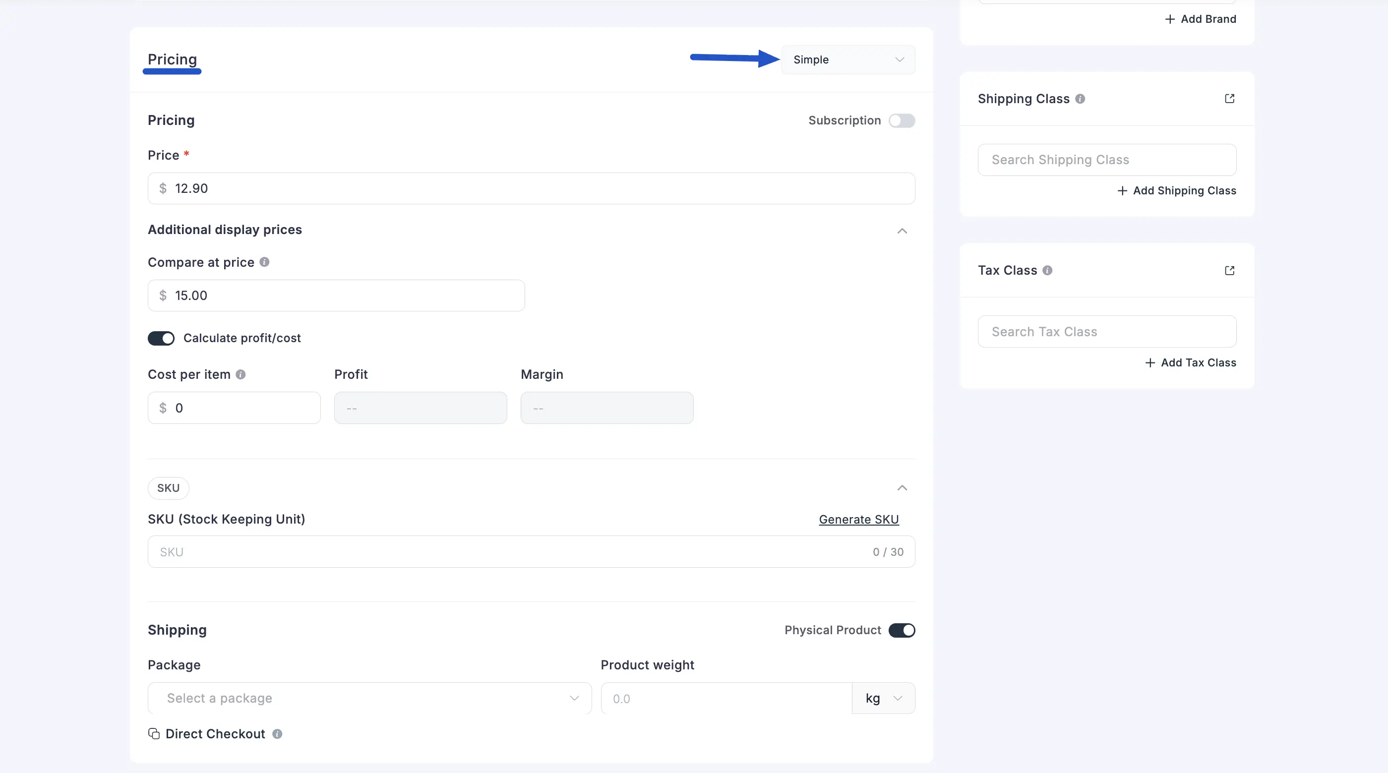 Screenshot of the Pricing section showing the Simple/Simple Variations dropdown