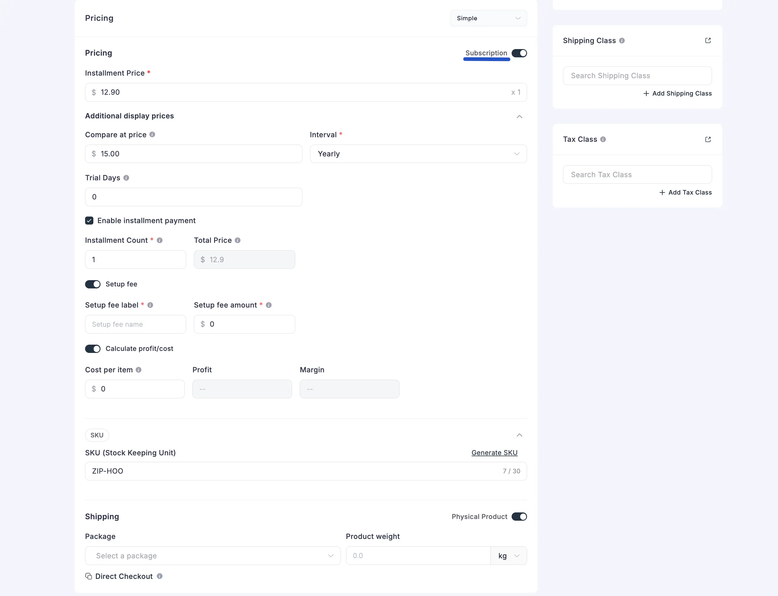 Gif of Digital Product Edit Screen (Simple Pricing)