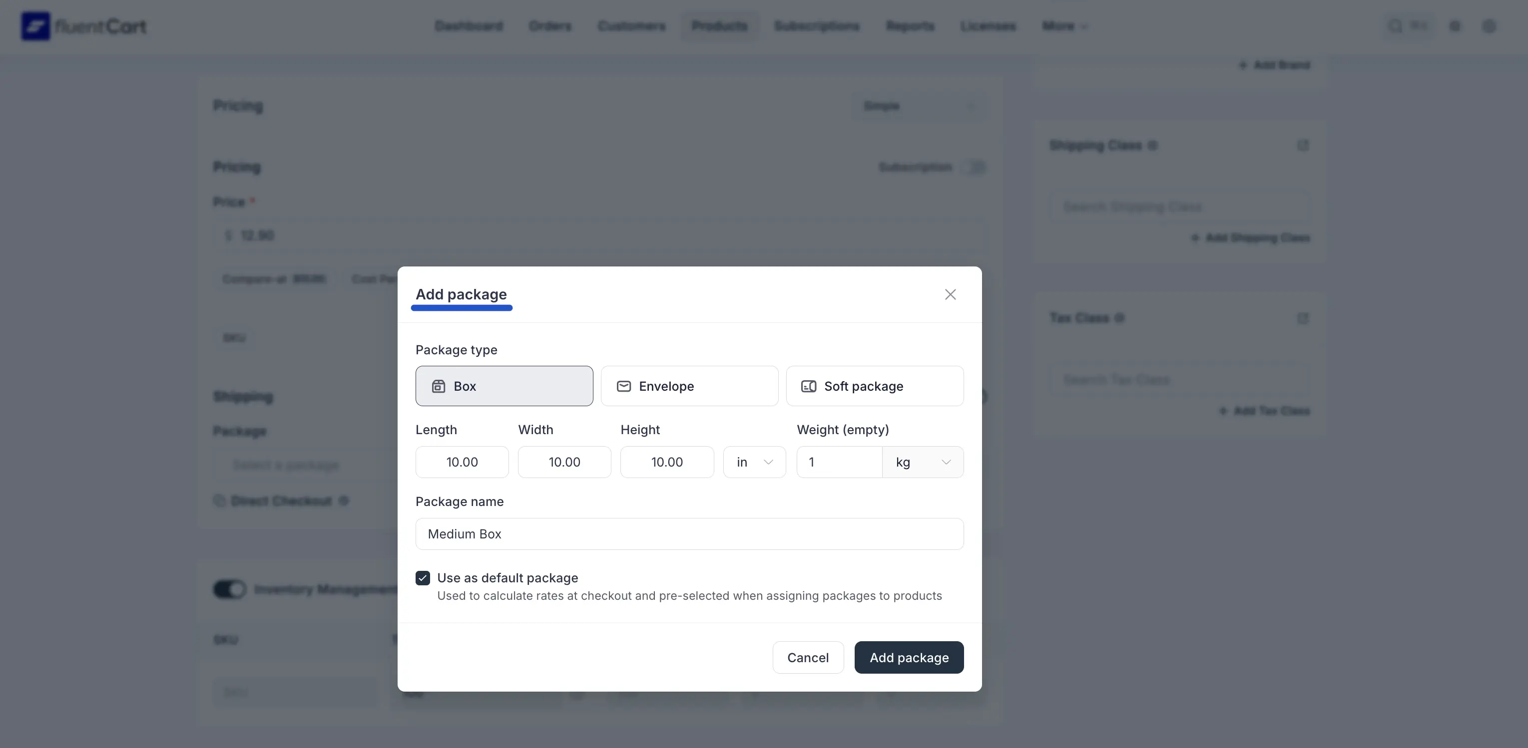 Screenshot of the Shipping section showing Physical Product toggle, Package dropdown, and Product weight field