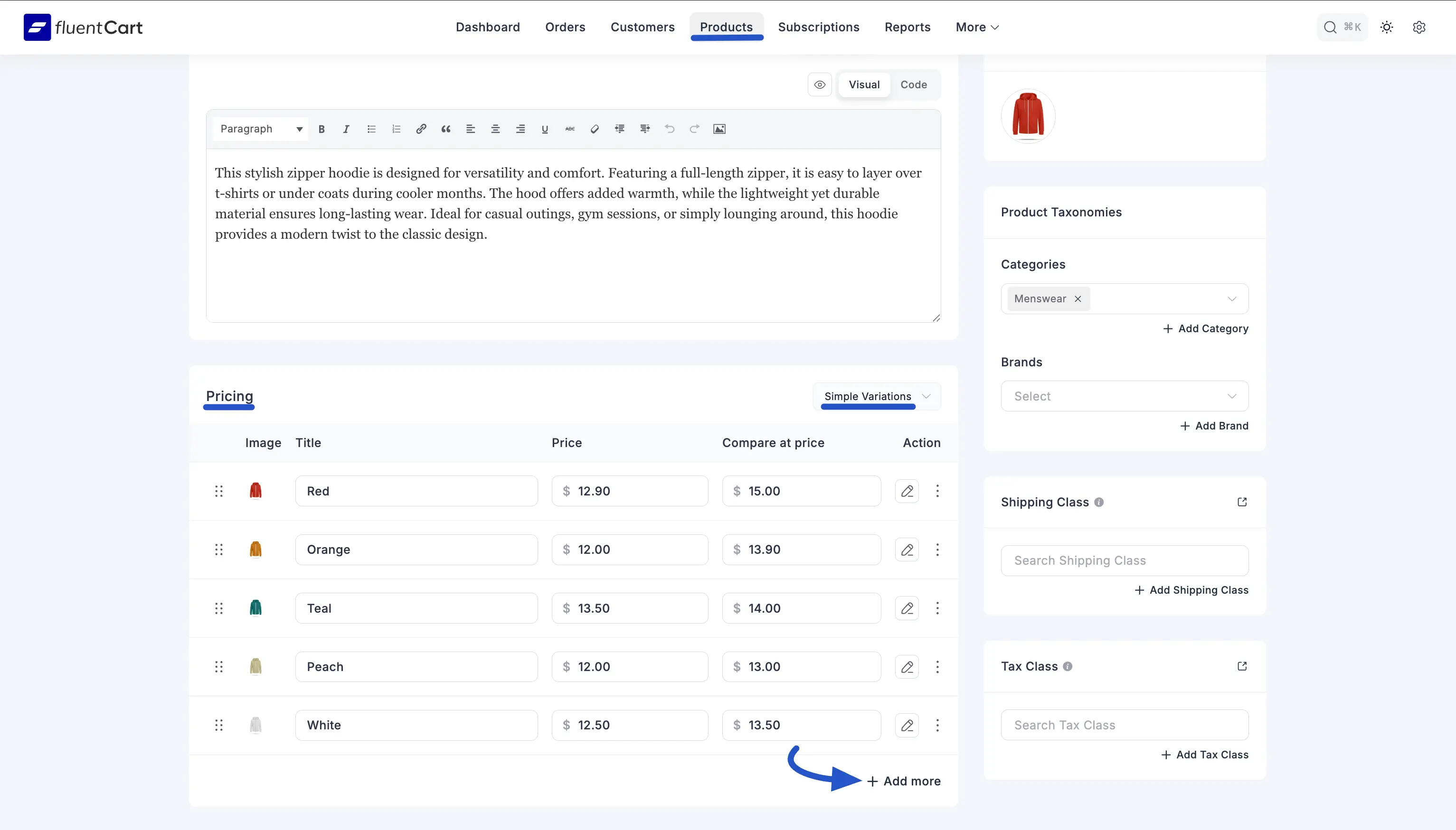 Screenshot of the Simple Variations table showing drag handles, Image, Title, Price, Compare at price, and Action columns, with the + Add more button at the bottom