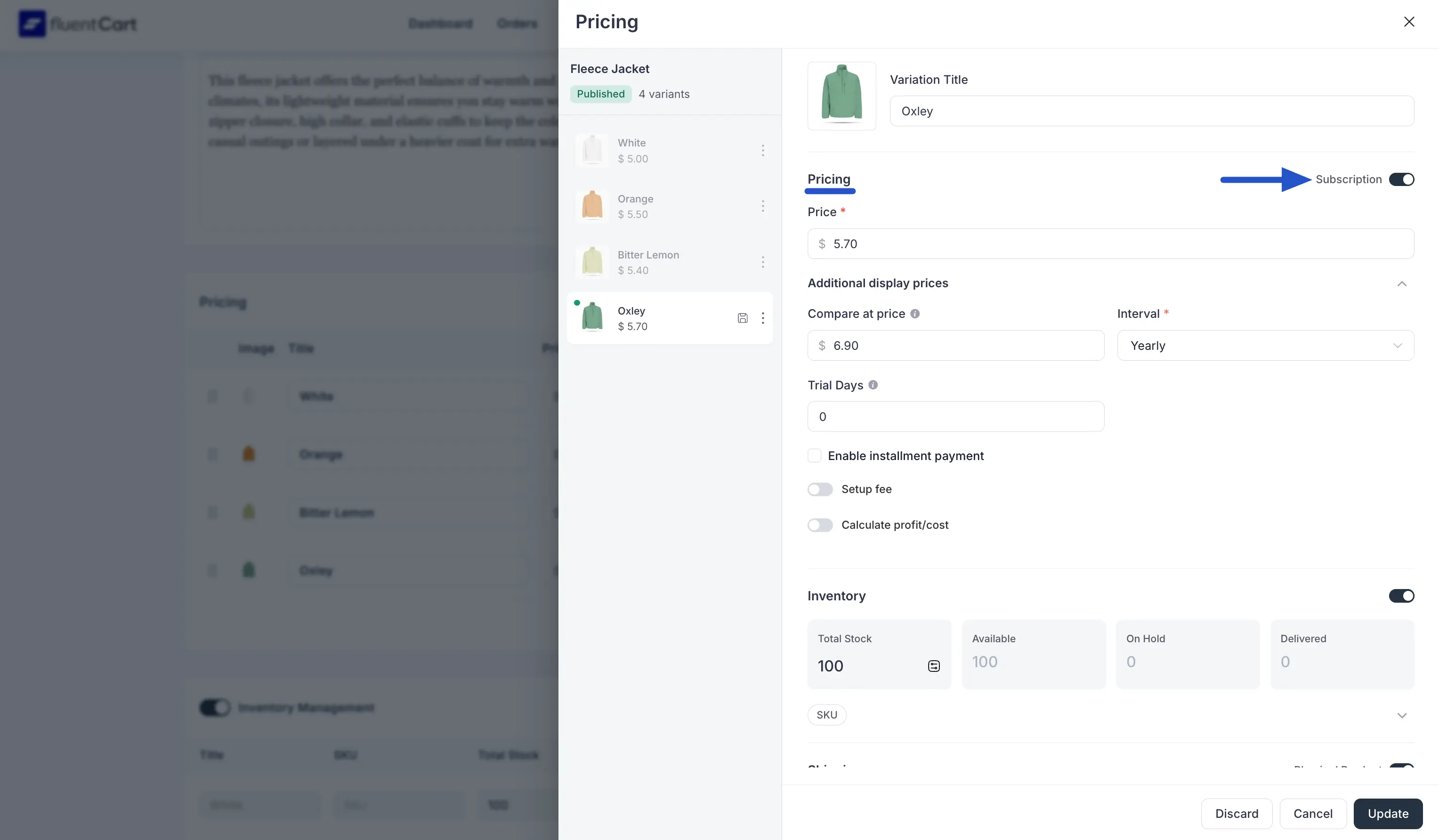 Screenshot of the variation editor showing the Subscription toggle ON for the Oxley variation, with Compare at price, Interval, Trial Days, Enable installment payment, Setup fee, and Calculate profit/cost fields visible
