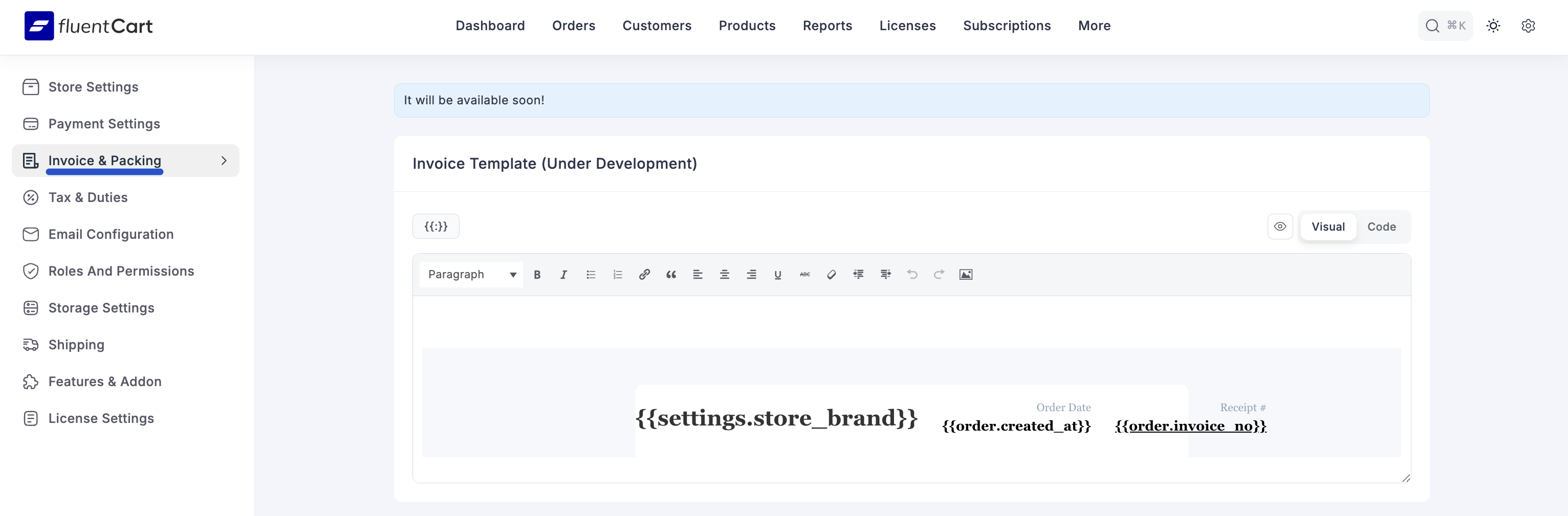 Screenshot of Invoice & Packaging Page