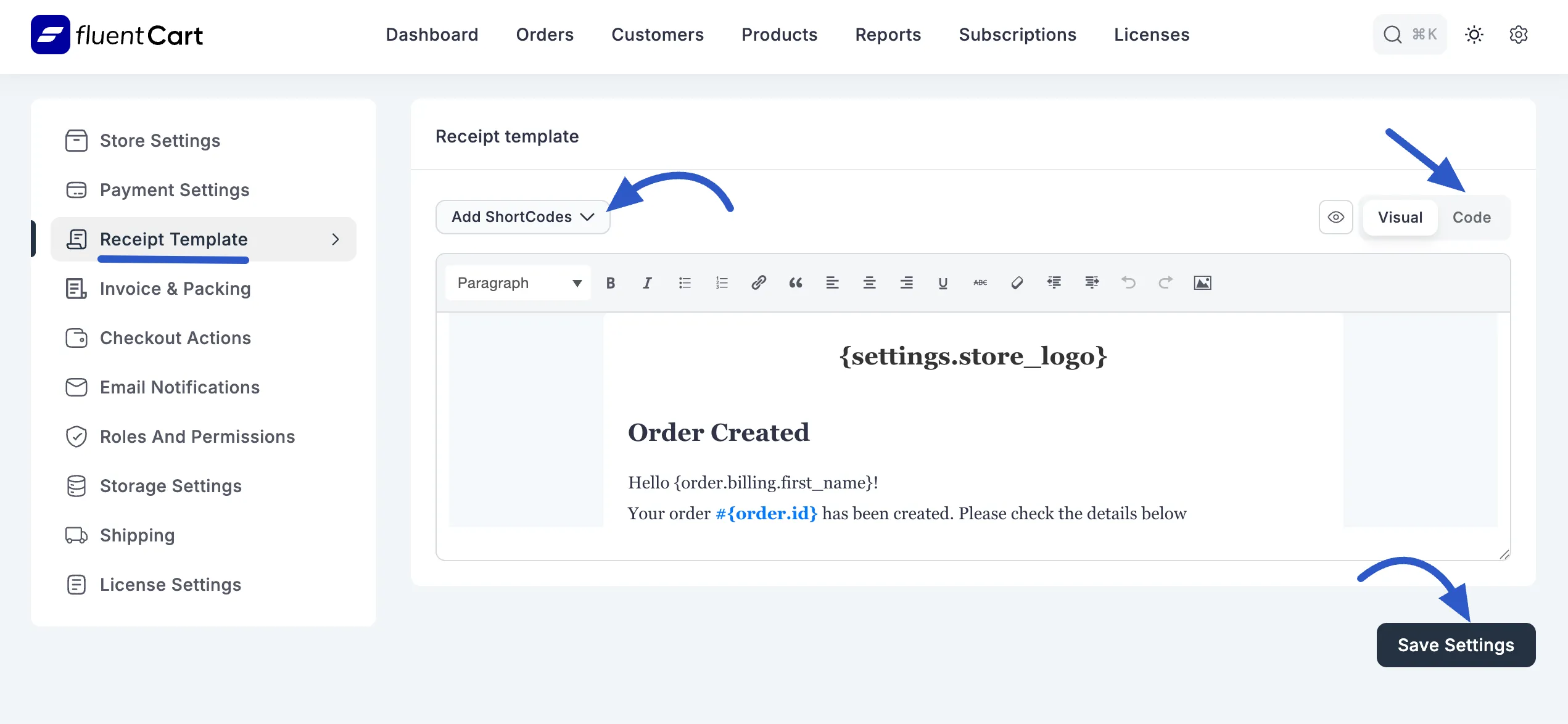 Screenshot of Receipt Template Page