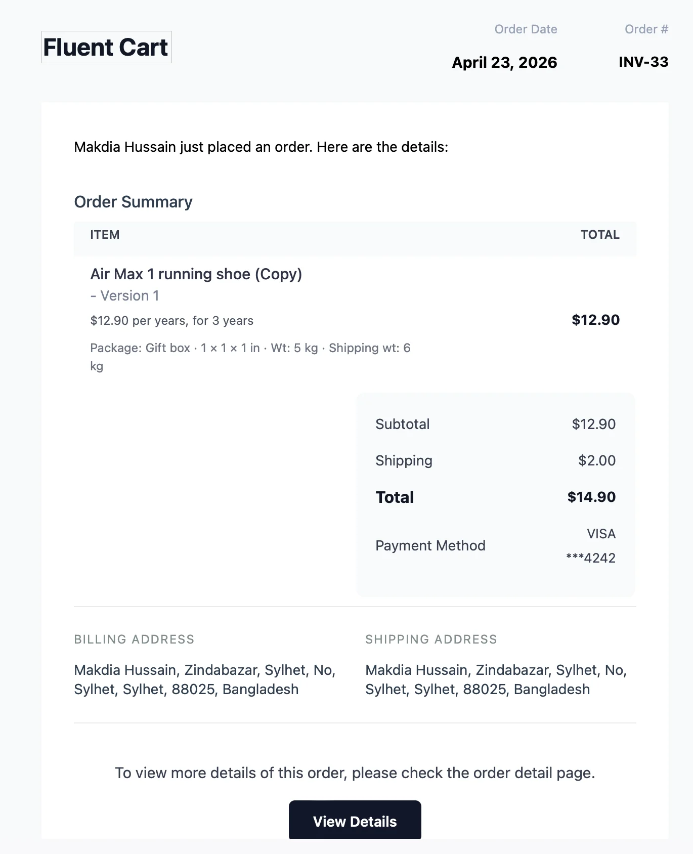 Screenshot of an order confirmation email showing Package, Dimensions, Weight, and Shipping Weight under the order line
