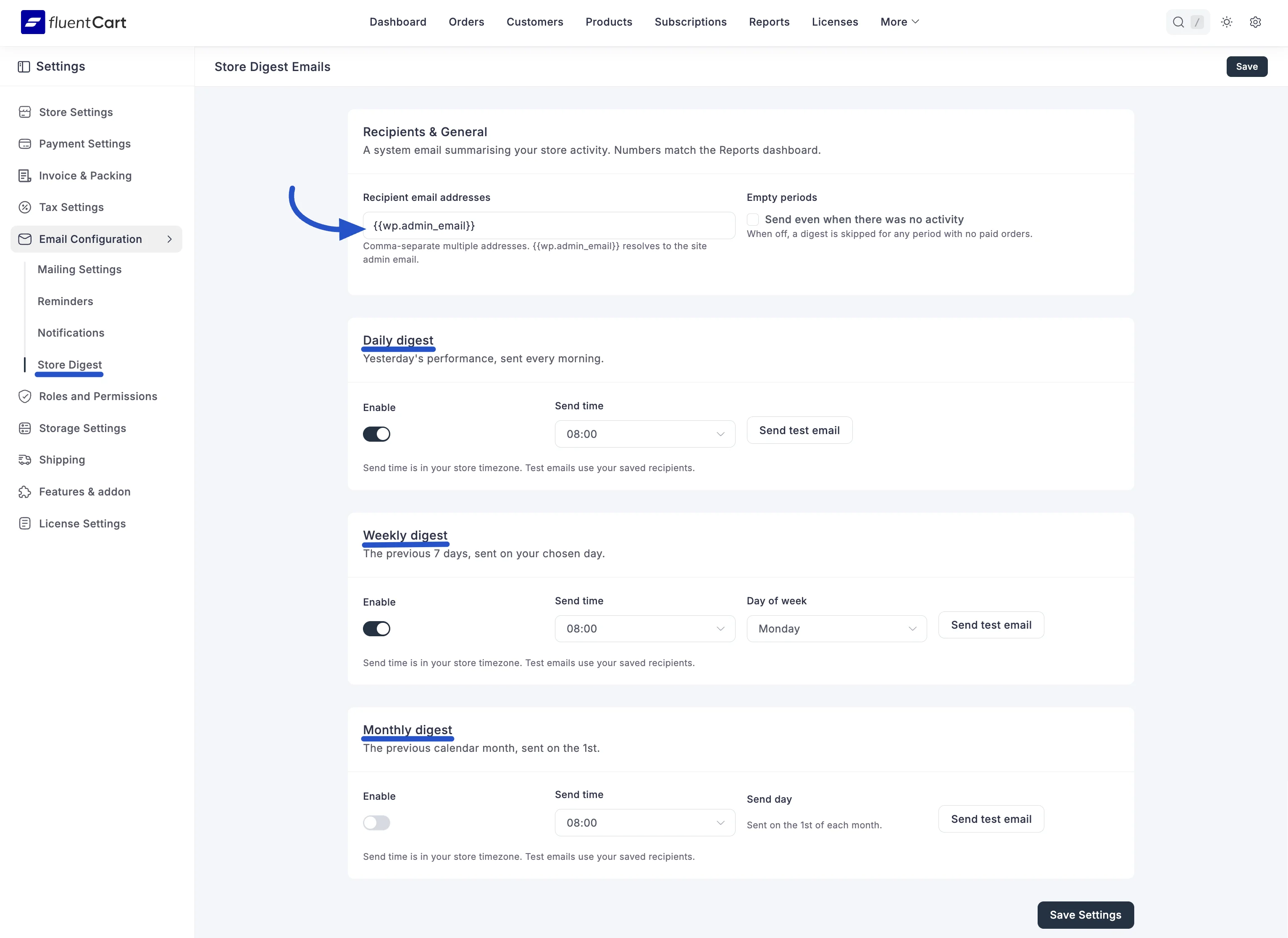 Screenshot of the Store Digest Emails settings screen with the Recipients & General, Daily, Weekly, and Monthly digest sections