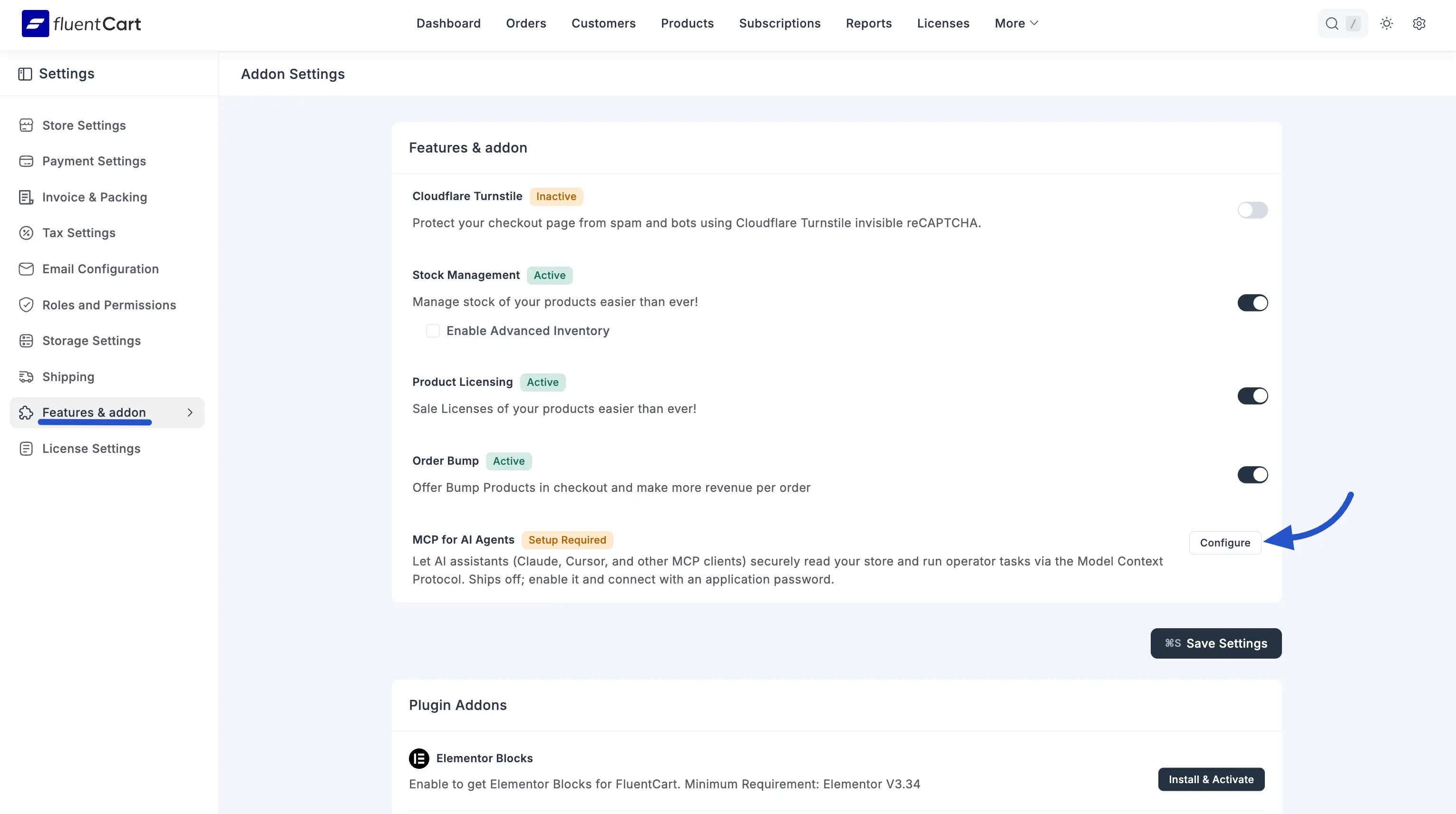 Screenshot of the FluentCart Features & Addon page with the MCP for AI Agents card showing the Setup Required badge and the Configure button