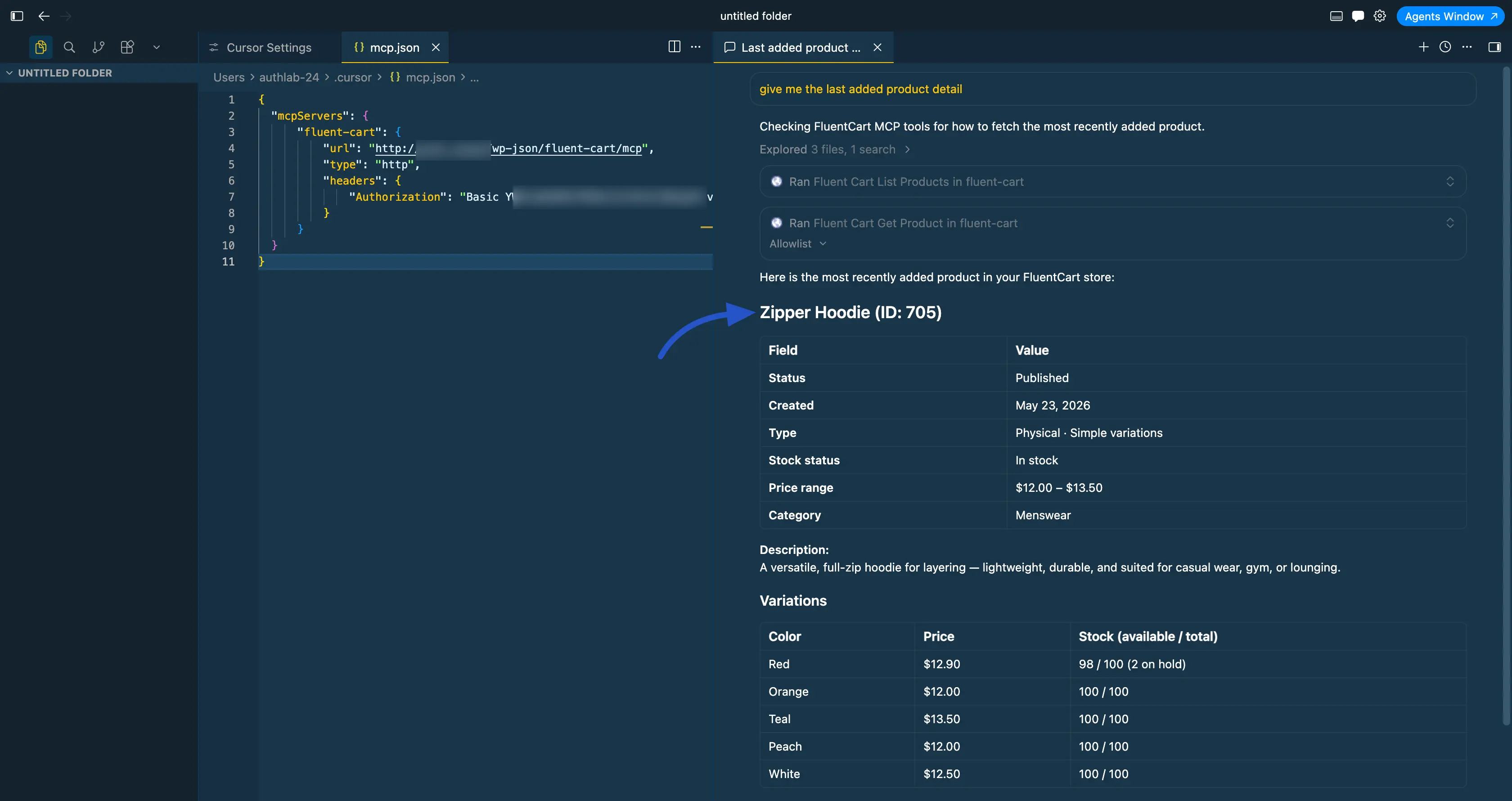 Screenshot of an AI assistant using FluentCart MCP tools to return details for the most recently added product, including its variations and stock
