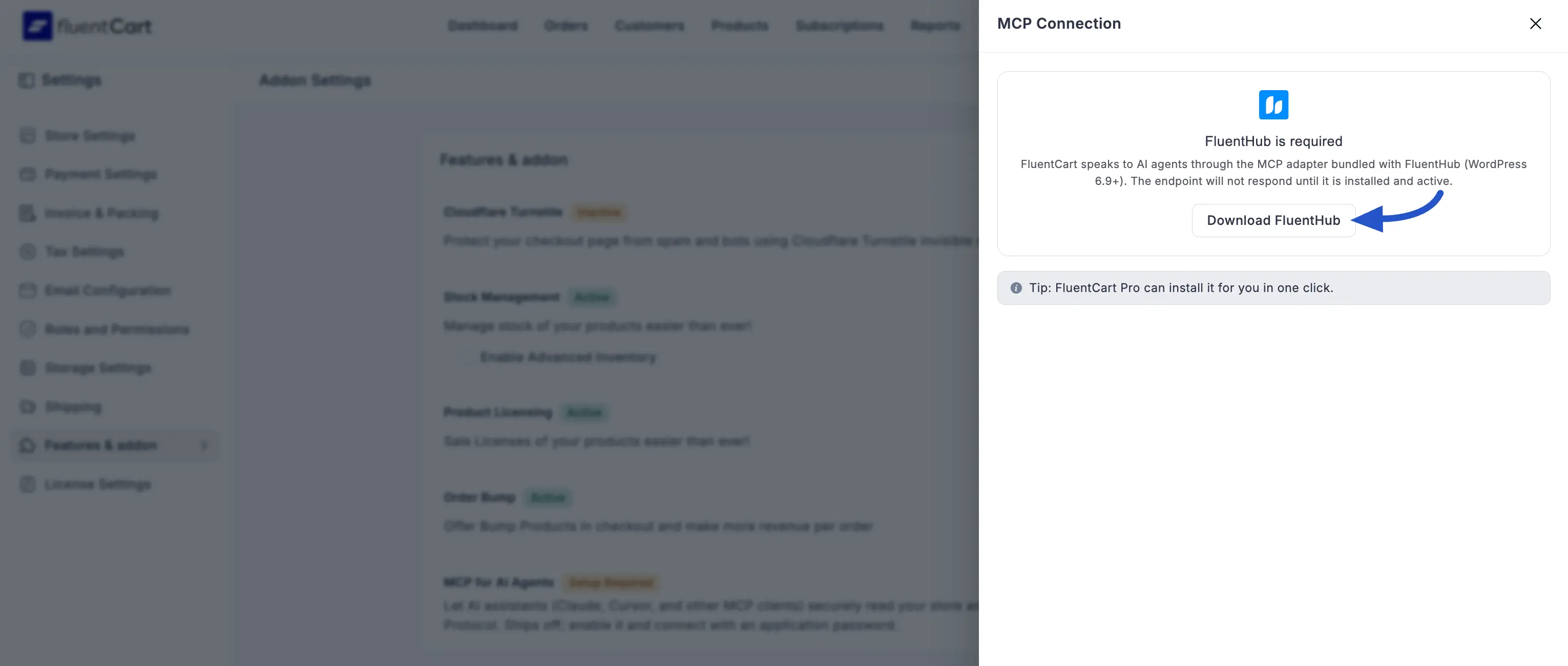 Screenshot of the MCP Connection panel showing the FluentHub is required notice with the Download FluentHub button