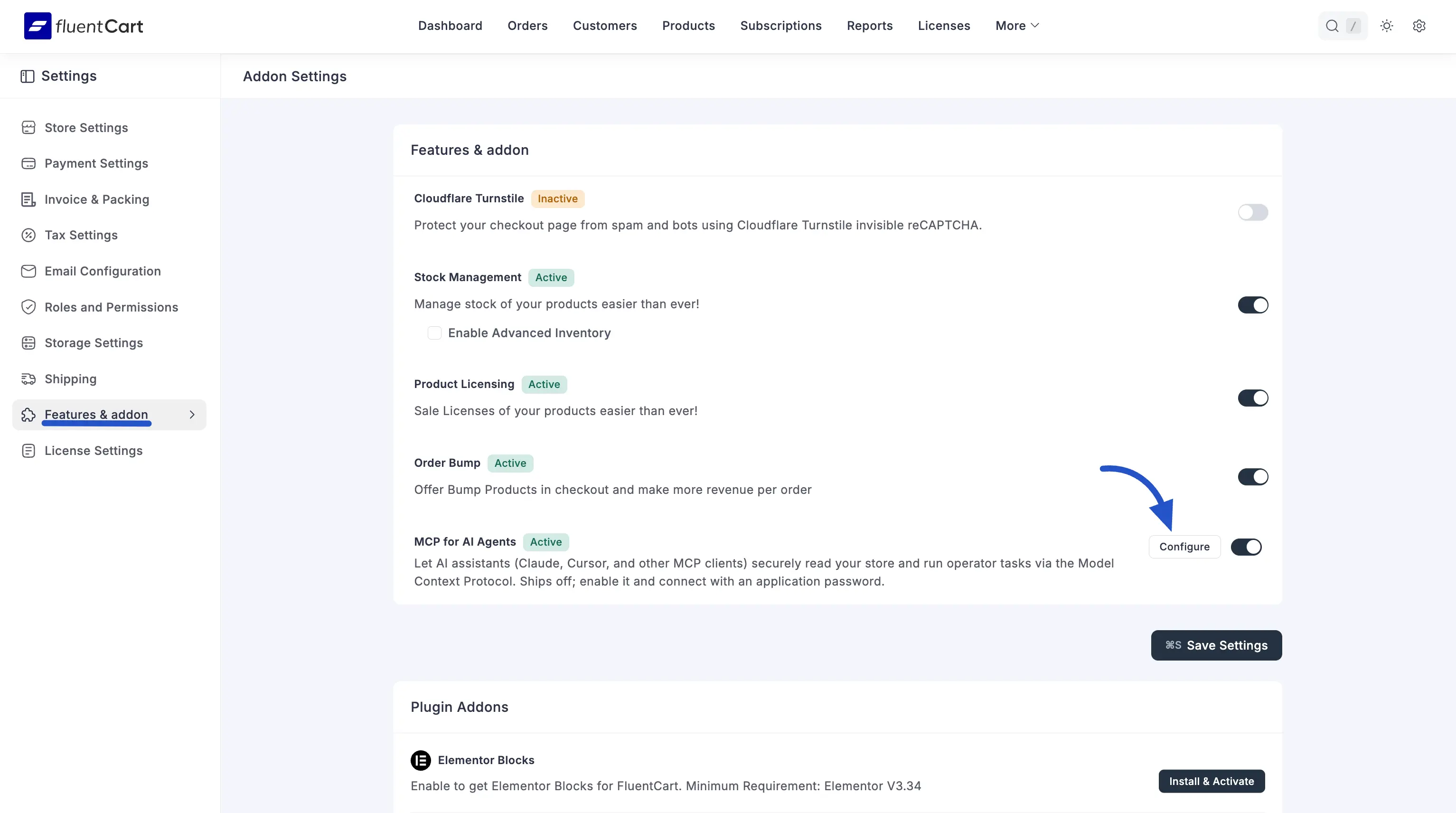 Screenshot of the MCP for AI Agents card with the Active badge and the toggle switched on