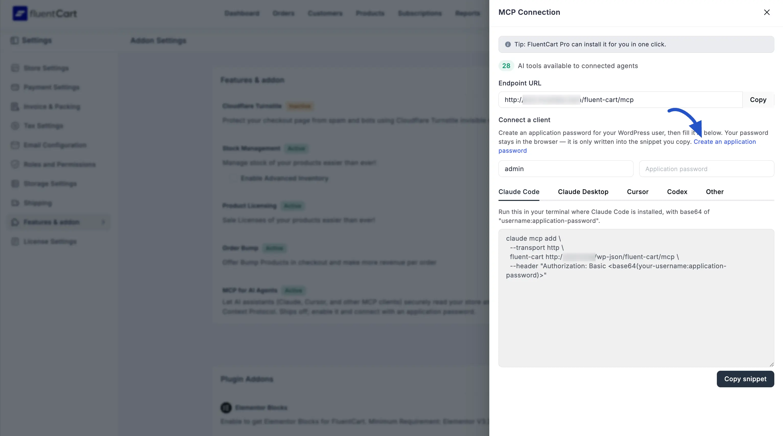 Screenshot of the MCP Connection panel showing the endpoint URL, username and application password fields, client tabs, and the generated snippet