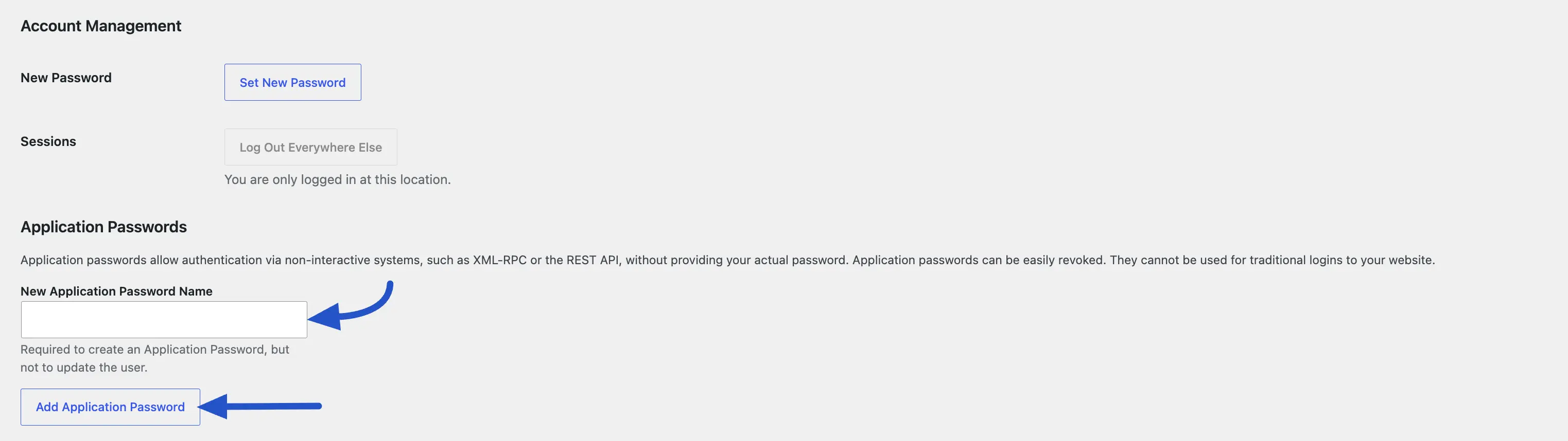Screenshot of the WordPress Application Passwords section with the New Application Password Name field and the Add Application Password button