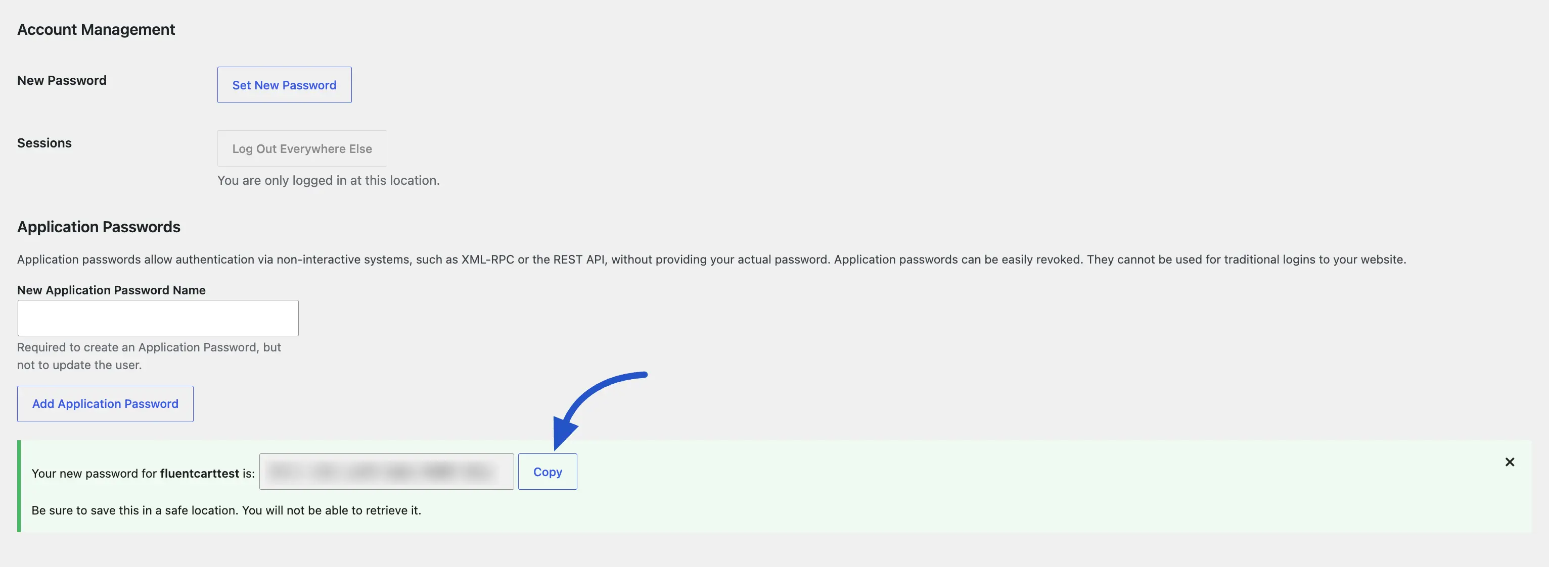 Screenshot of the WordPress confirmation showing the newly generated application password with a Copy button