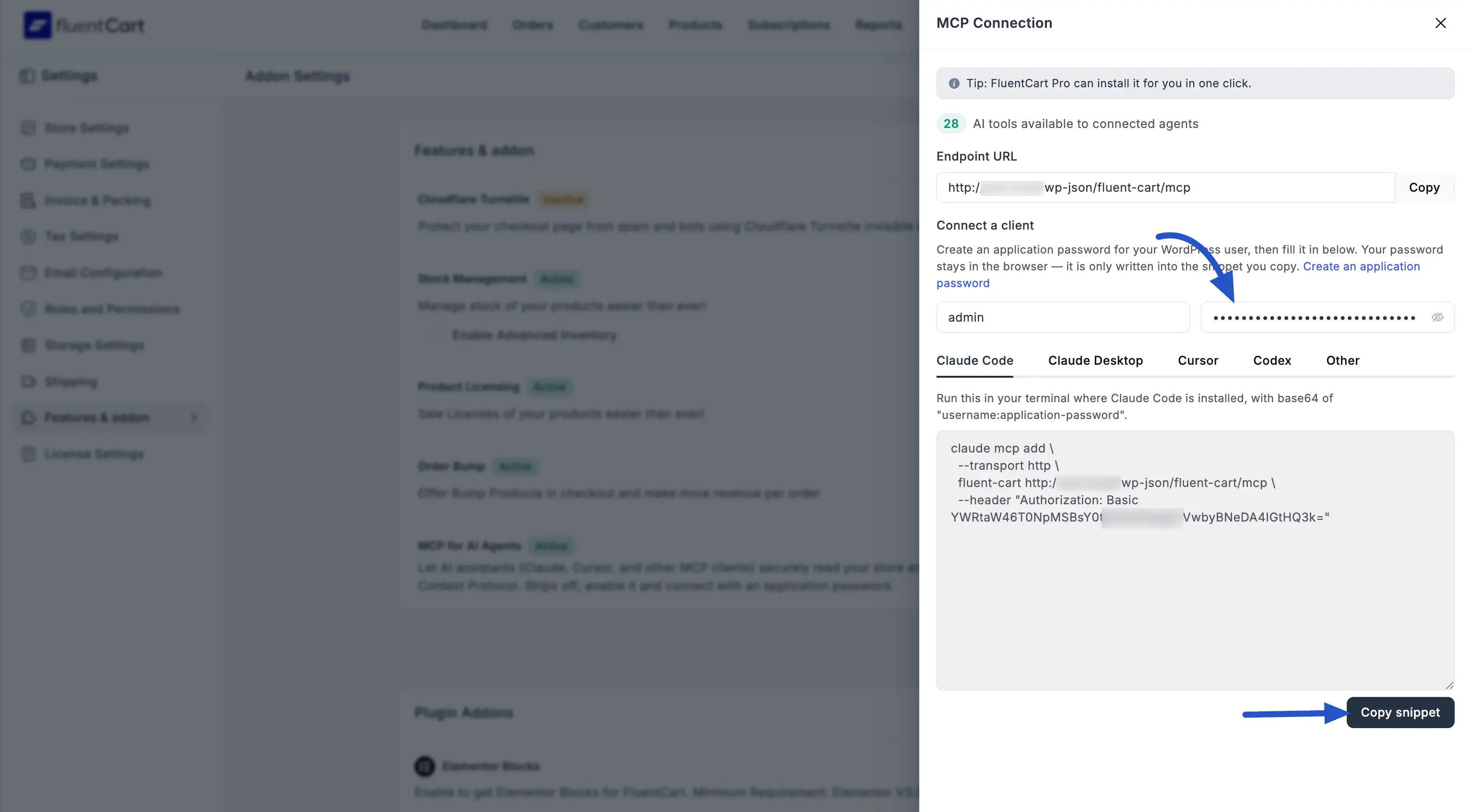 Screenshot of the MCP Connection panel with the application password filled in and the Copy snippet button highlighted