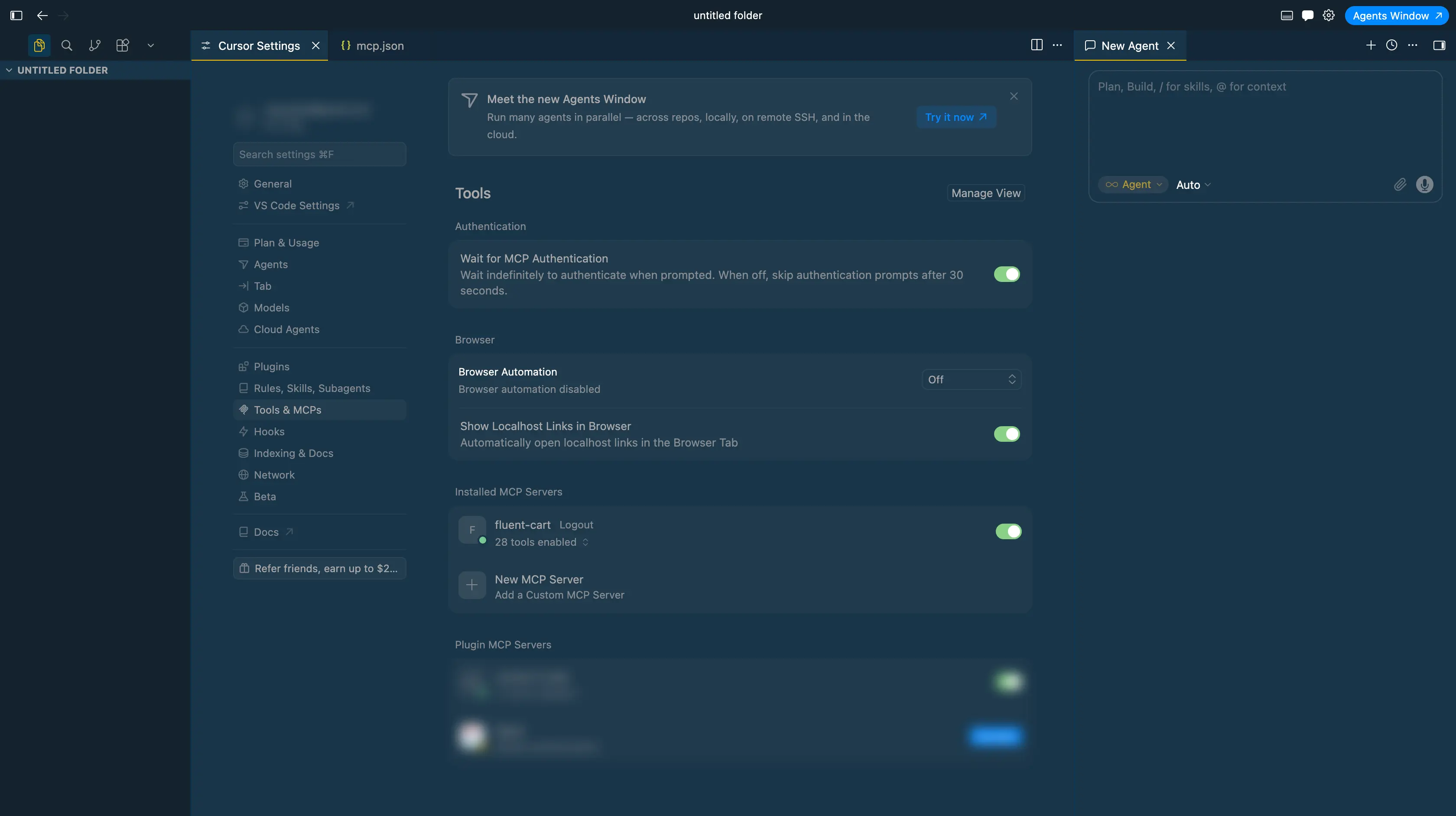 Screenshot of the Cursor Tools and MCPs settings showing the fluent-cart server installed with its tools enabled