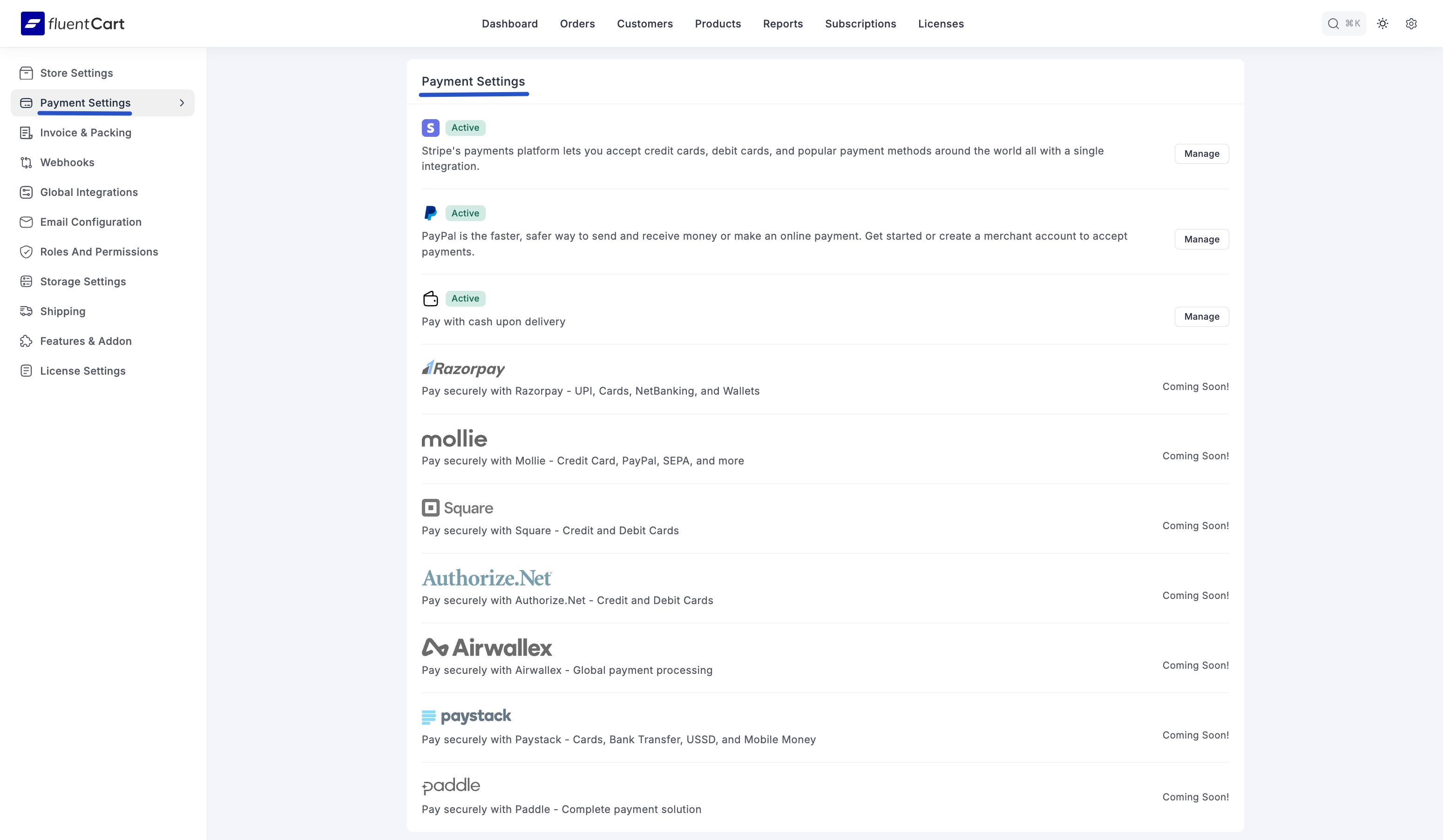 Screenshot of Payment Settings Tab