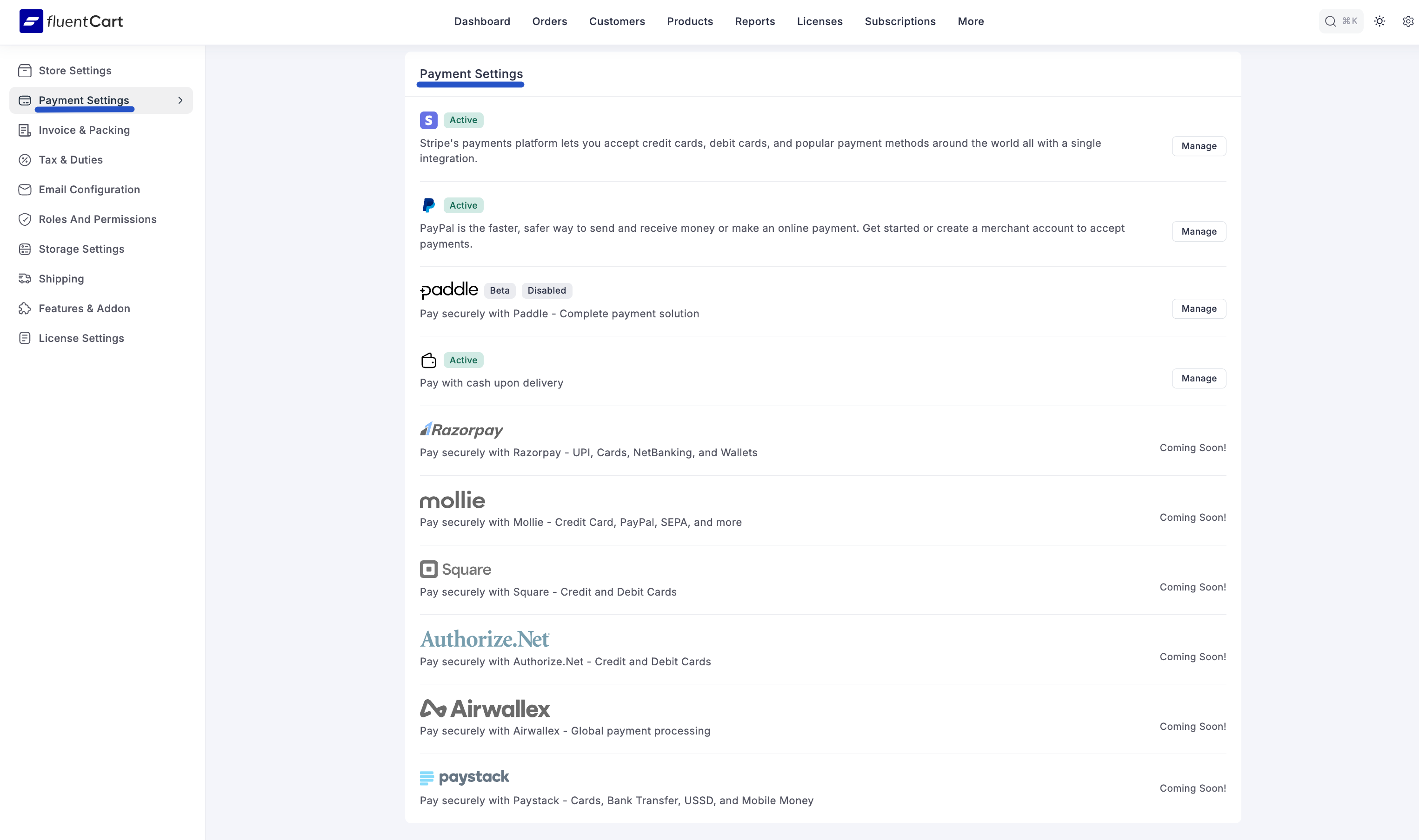 Screenshot of Payment Settings Tab