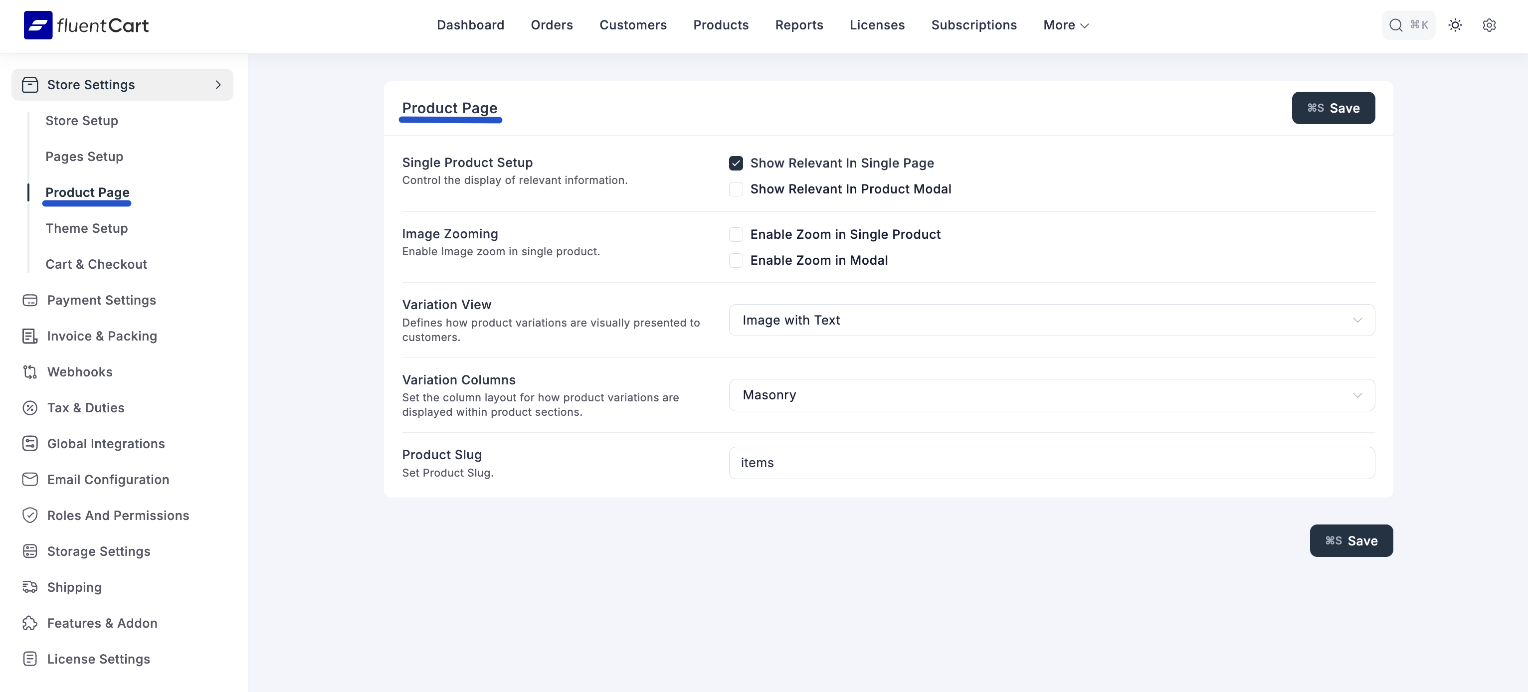 Screenshot of Single Product & Order Setup Tab