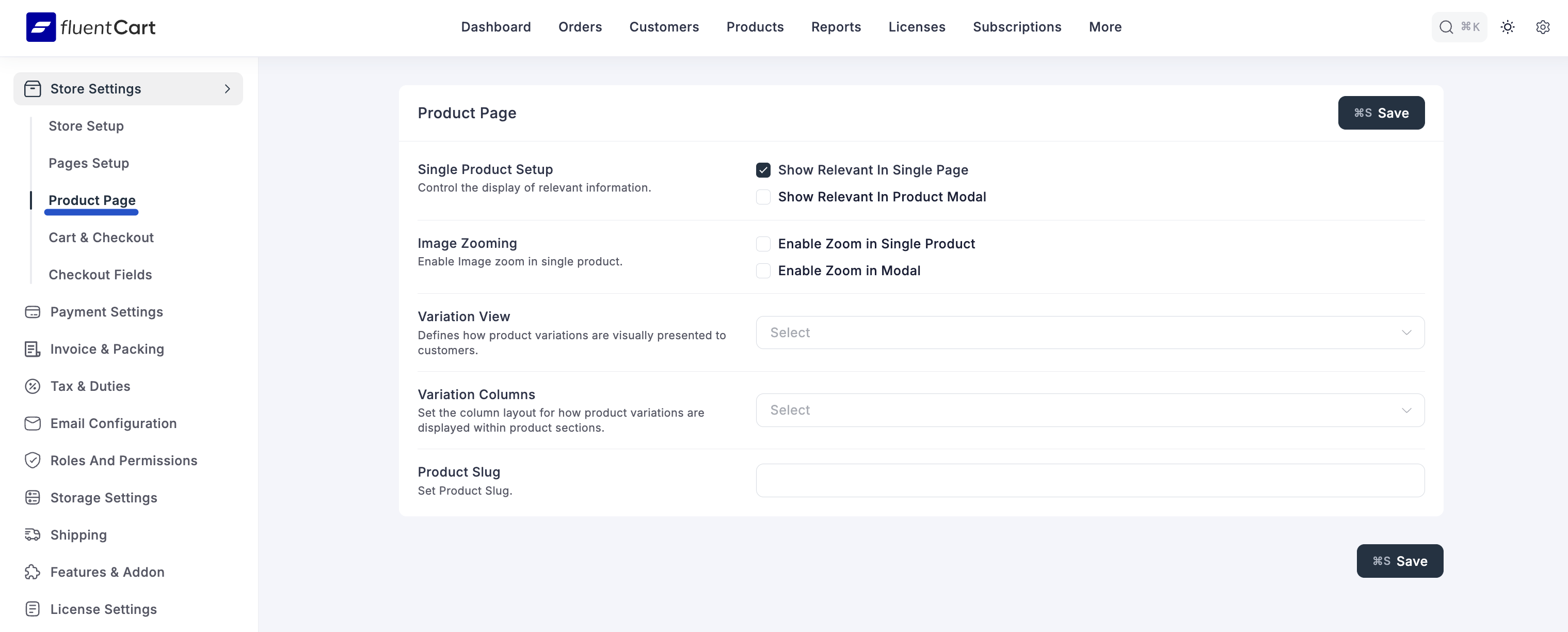 Screenshot of Single Product & Order Setup Tab
